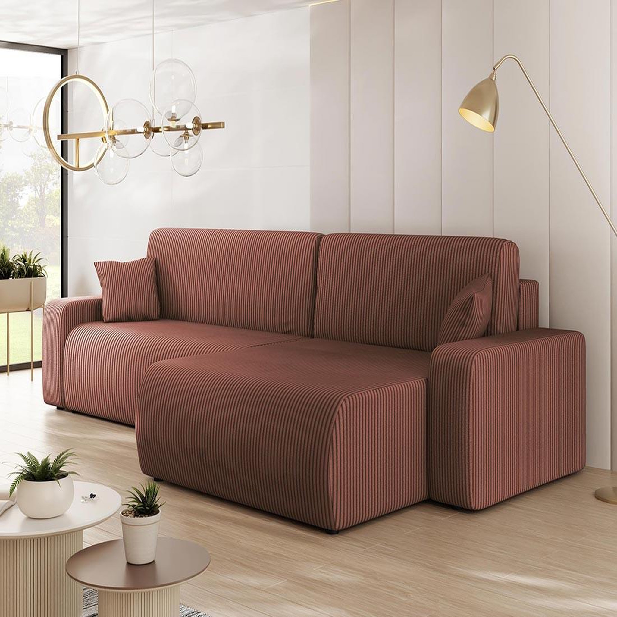 Voir la diapositive 2 : BEST MOBILIER Artemisa - canapé d'angle réversible 5 places convertible avec coffre en velours côtelé