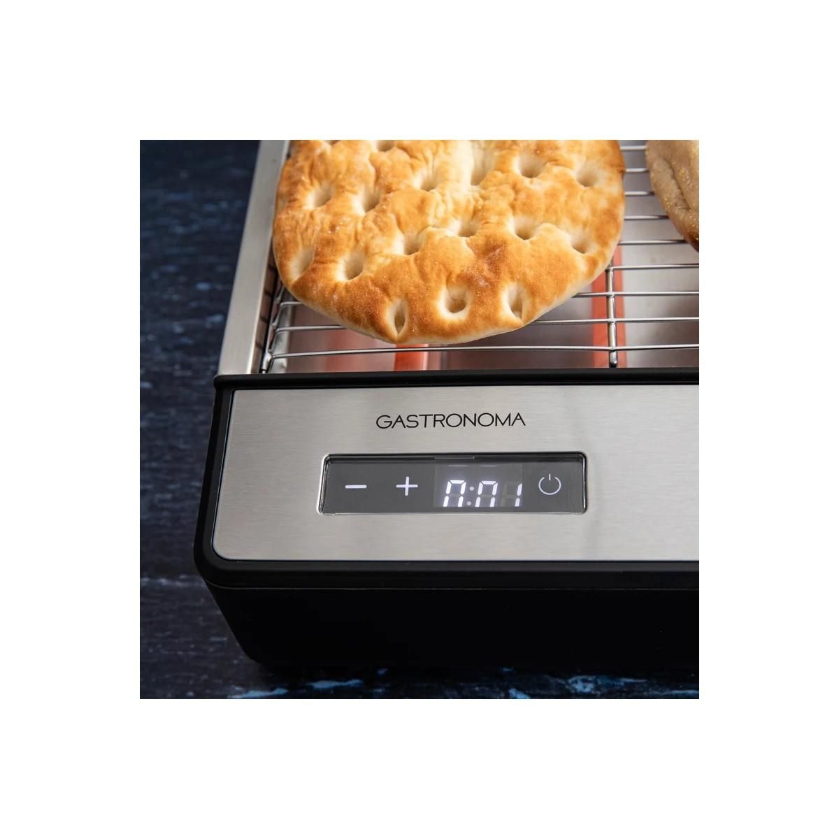 GASTRONOMA Grille-pain plat 920W Inox 24x19 cm, Toaster 6 niveaux de brunissage, Minuteur, Tiroir à miettes amovible Gastronoma