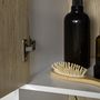 Voir la diapositive 5 : KLEANKIN Meuble colonne rangement salle de bain style cosy 2 niches 2 portes avec étagère piètement épingle acier noir blanc aspect chêne clair