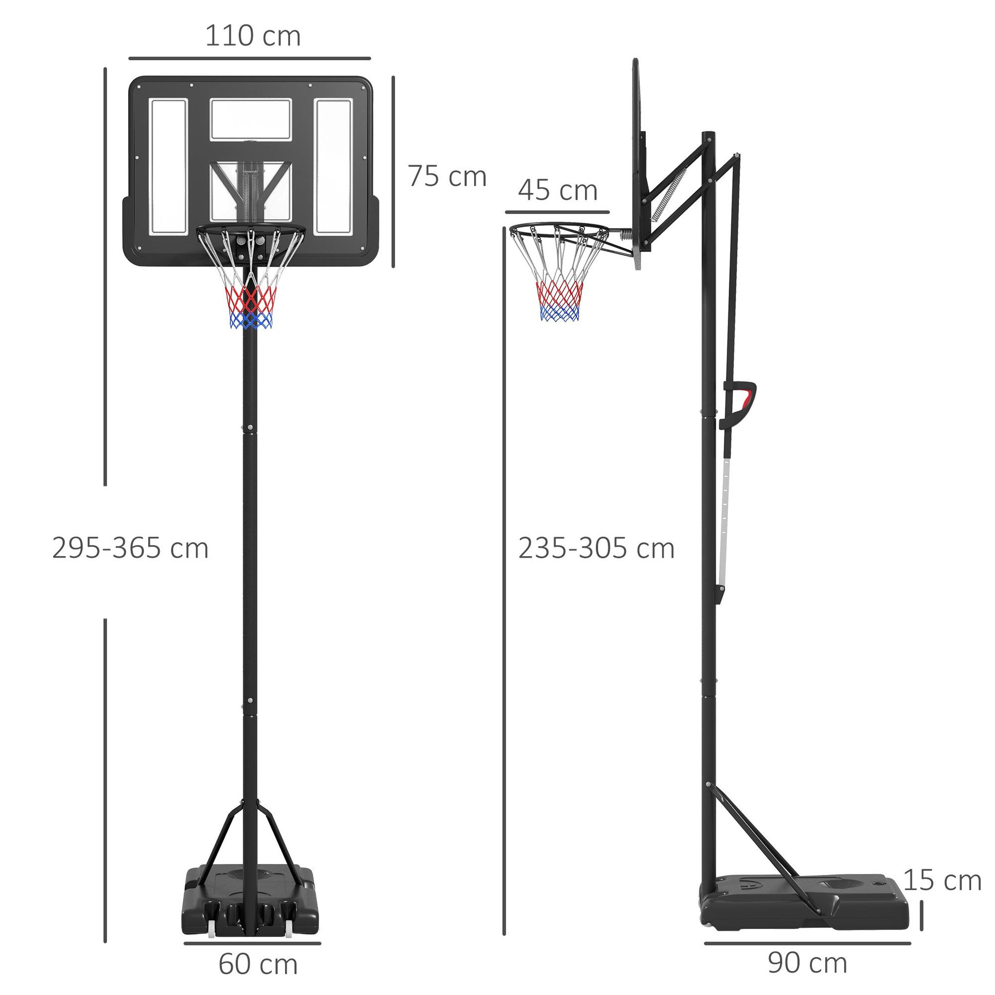 Voir la diapositive 3 : HOMCOM Panier de basket sur pied hauteur réglable 2,35-3,05 m - roulettes, base de lestage - acier PE noir