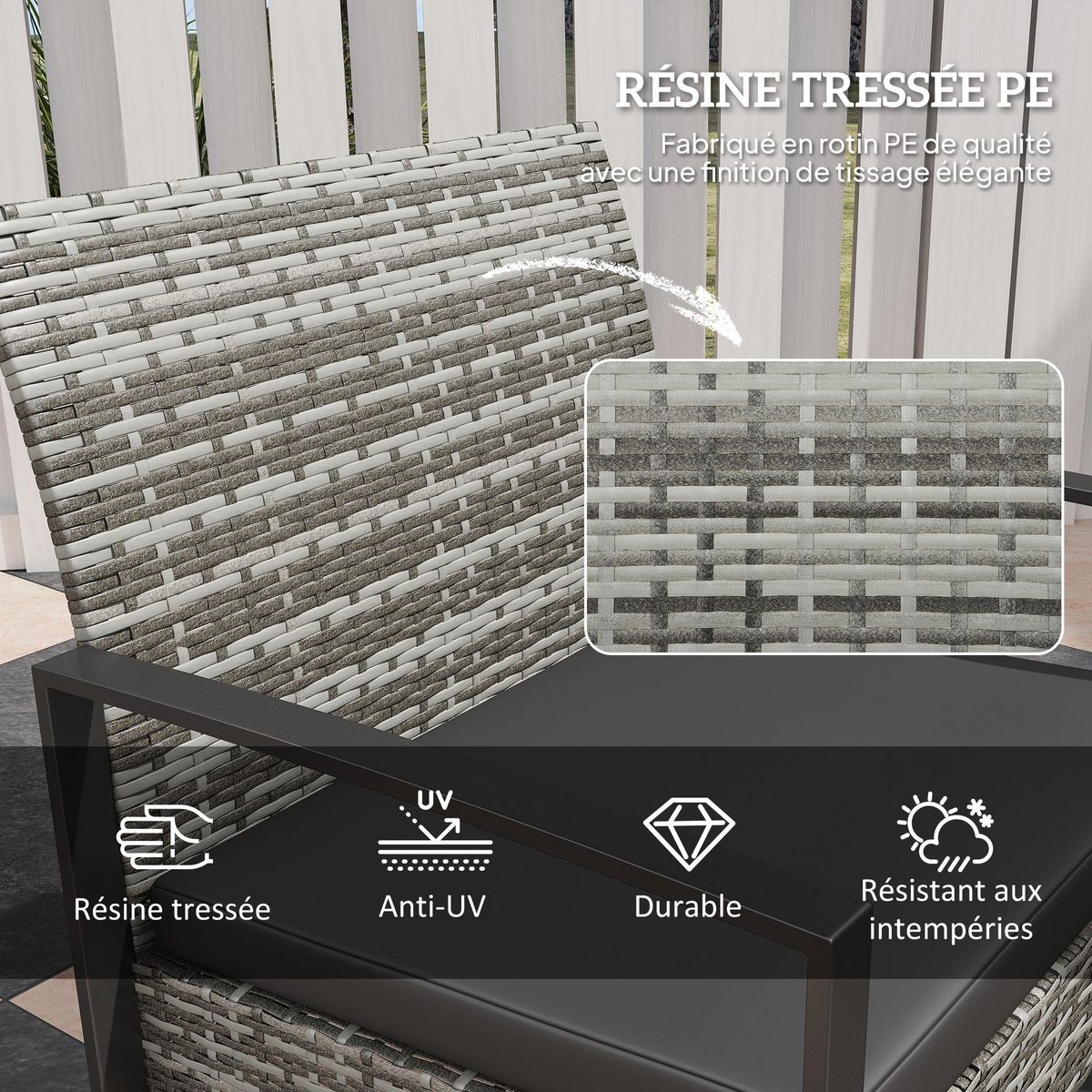 OUTSUNNY Salon de jardin 2 places 3 pièces 2 chaises avec coussins + table basse plateau verre trempé résine tressée aspect rotin gris