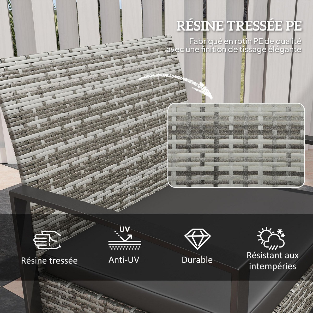 OUTSUNNY Salon de jardin 2 places 3 pièces 2 chaises avec coussins + table basse plateau verre trempé résine tressée aspect rotin gris