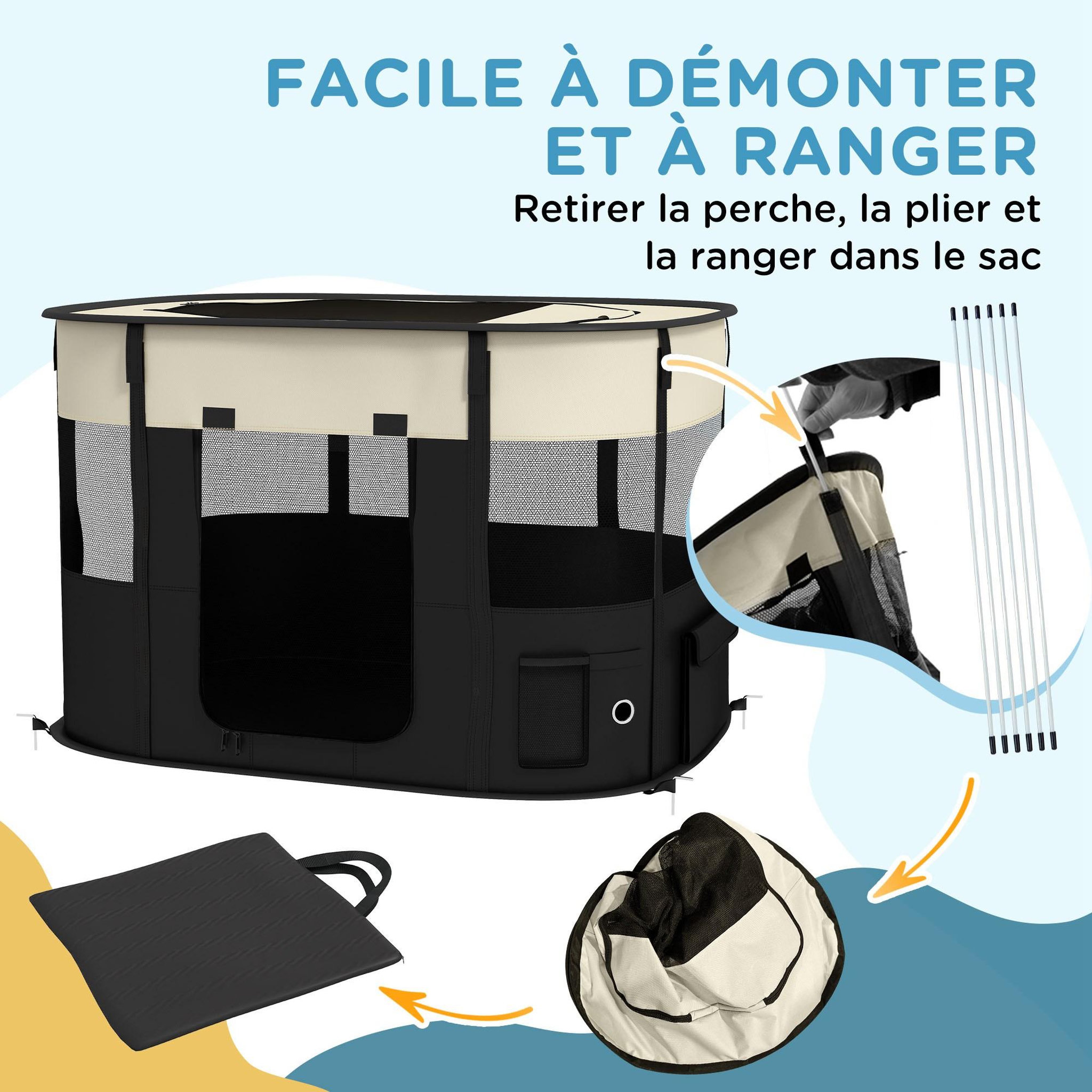 Voir la diapositive 6 : PAWHUT Parc pour chien pliable dim. 94l x 74l x 60h cm tissu oxford crème noir
