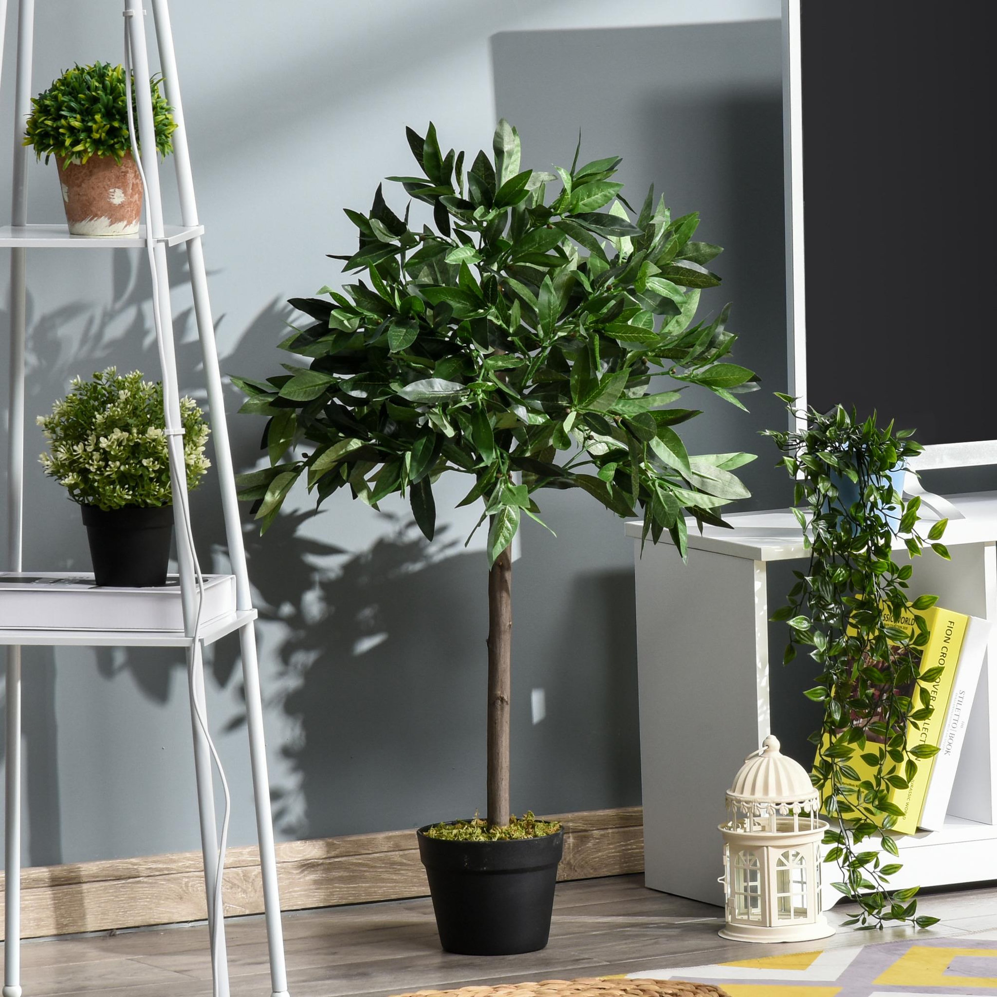Voir la diapositive 2 : OUTSUNNY Lauriers artificiels 0,90H m - lot de 2 lauriers boules artificiels - 564 feuilles réalistes par pied - pot inclus noir vert
