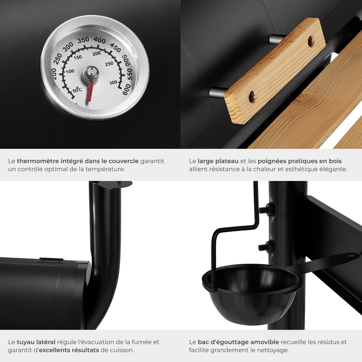 tectake Barbecue charbon 2 cuves avec thermomètre 3-en-1 pour grillades, fumage, cuisson, sur 2 roues noir