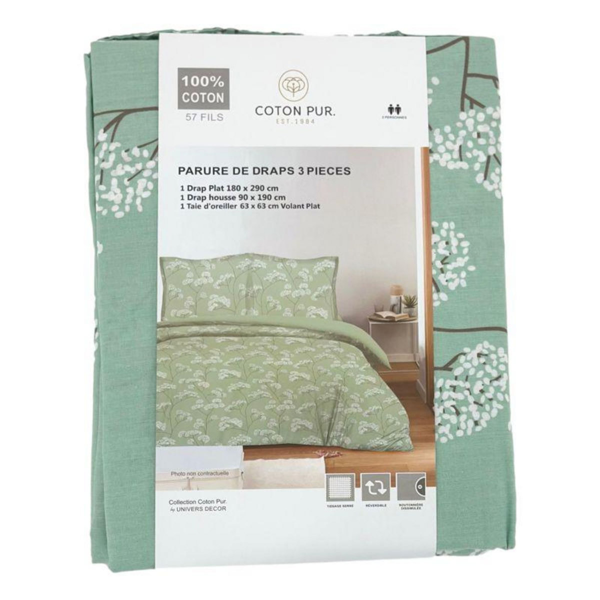COTON PUR Parure de draps 3 pièces pour lit 90 x 190 cm Landscape Menthe