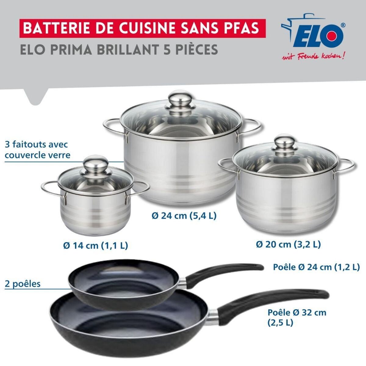ELO Ensemble de 2 Poêles de cuisson 24 et 32 cm et 3 faitouts 14, 20 et 24 cm Elo Prima Brillant