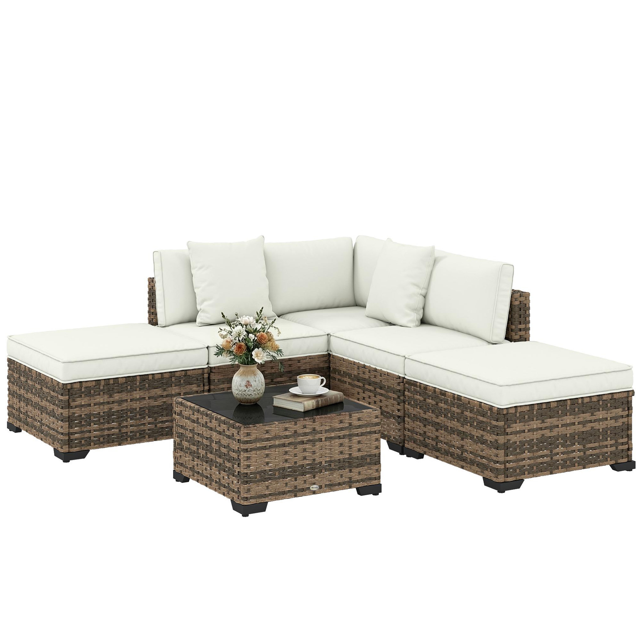 Voir la diapositive 5 : OUTSUNNY Salon de jardin d'angle 5 places avec table basse et coussins résine marron crème