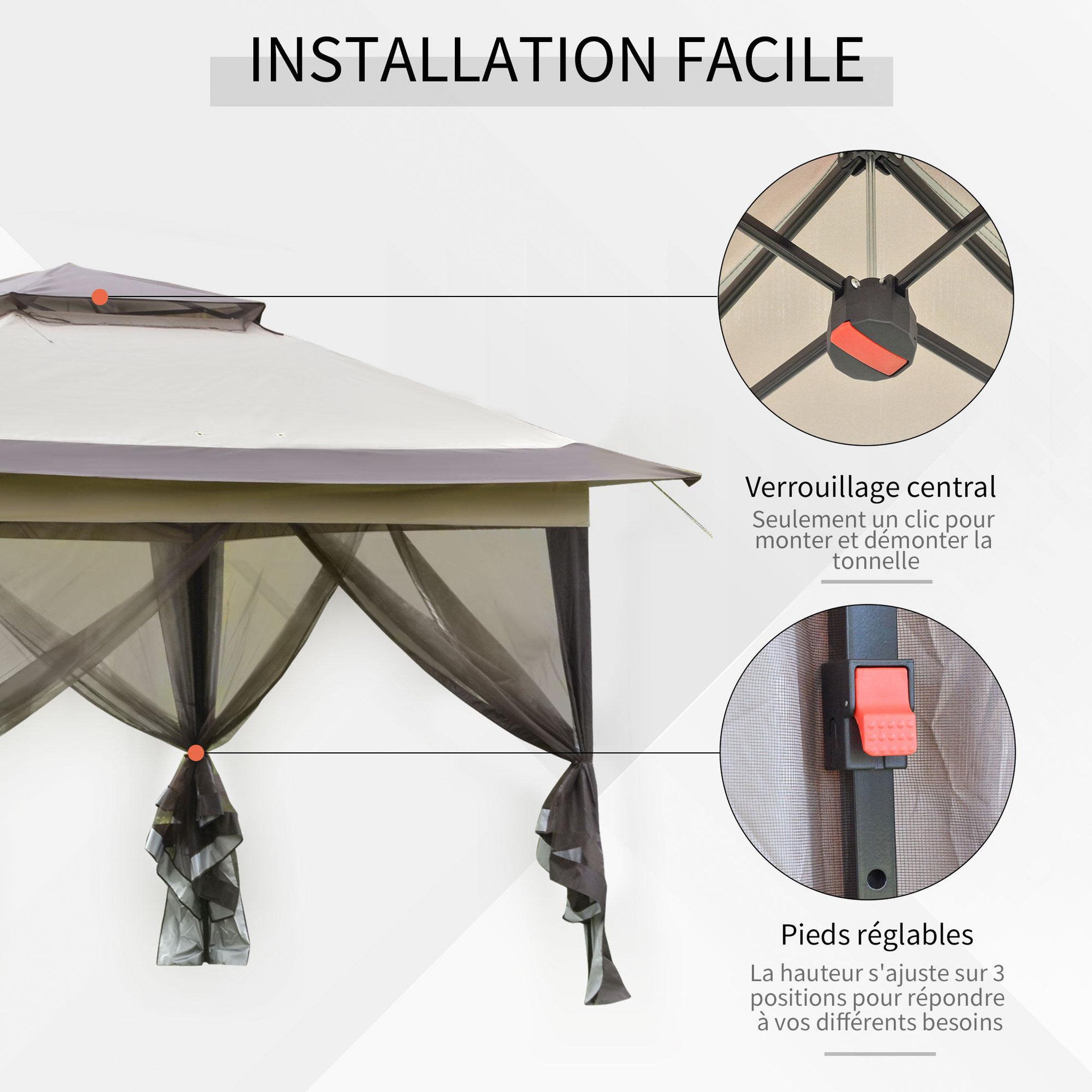 Voir la diapositive 5 : OUTSUNNY Tonnelle barnum de jardin pop-up pliant 3,64L x 3,64l x 2,94H m acier polyester moustiquaires + sac de transport à roulettes beige marron