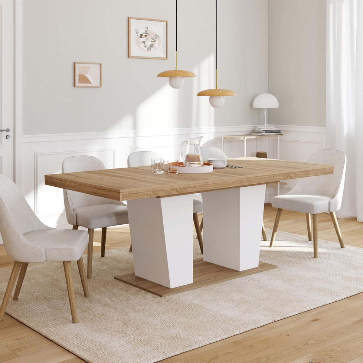 ID MARKET Table à manger extensible rectangle ELIAD 8-12 personnes bois et blanc 200-250 cm