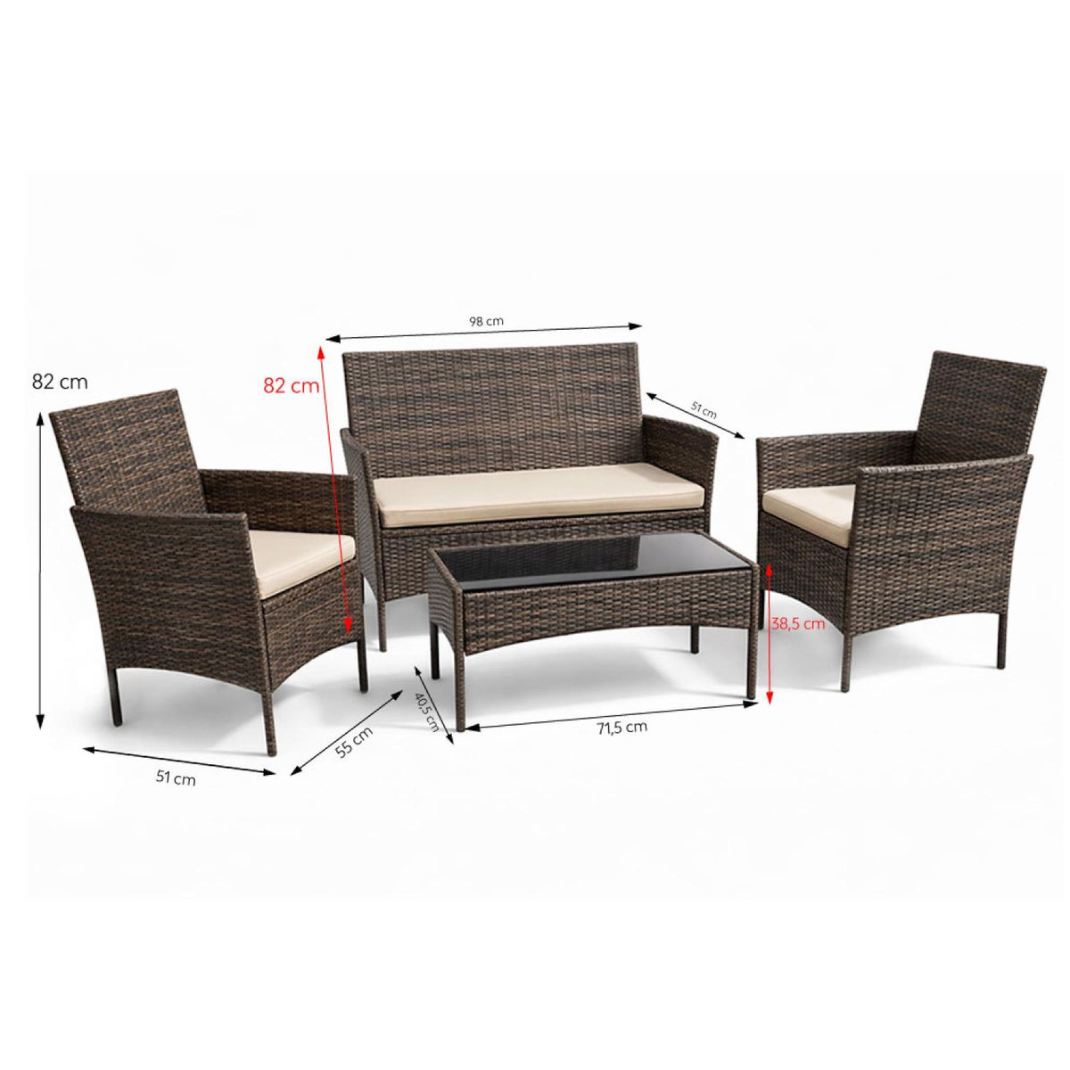 CONCEPT USINE Ensemble de jardin 4 places en résine tressée marron et coussins beige LOOS
