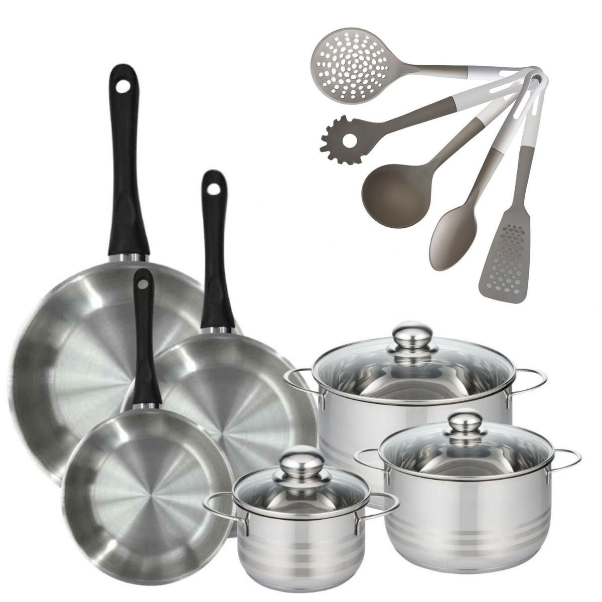 Fackelmann Lot 3 Poêles Inox 20/24/28cm  Fackelmann Geneva & 3 Faitouts 16/20/24cm avec 5 Ustensiles Fackelmann