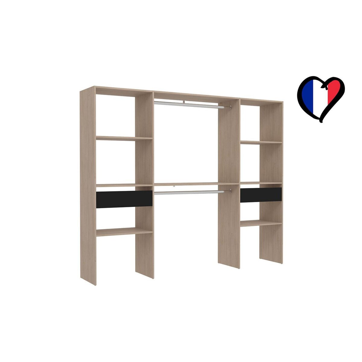 CONCEPT USINE Grand dressing bois avec 2 penderies, 6 étagères et 2 tiroirs ELYSEE