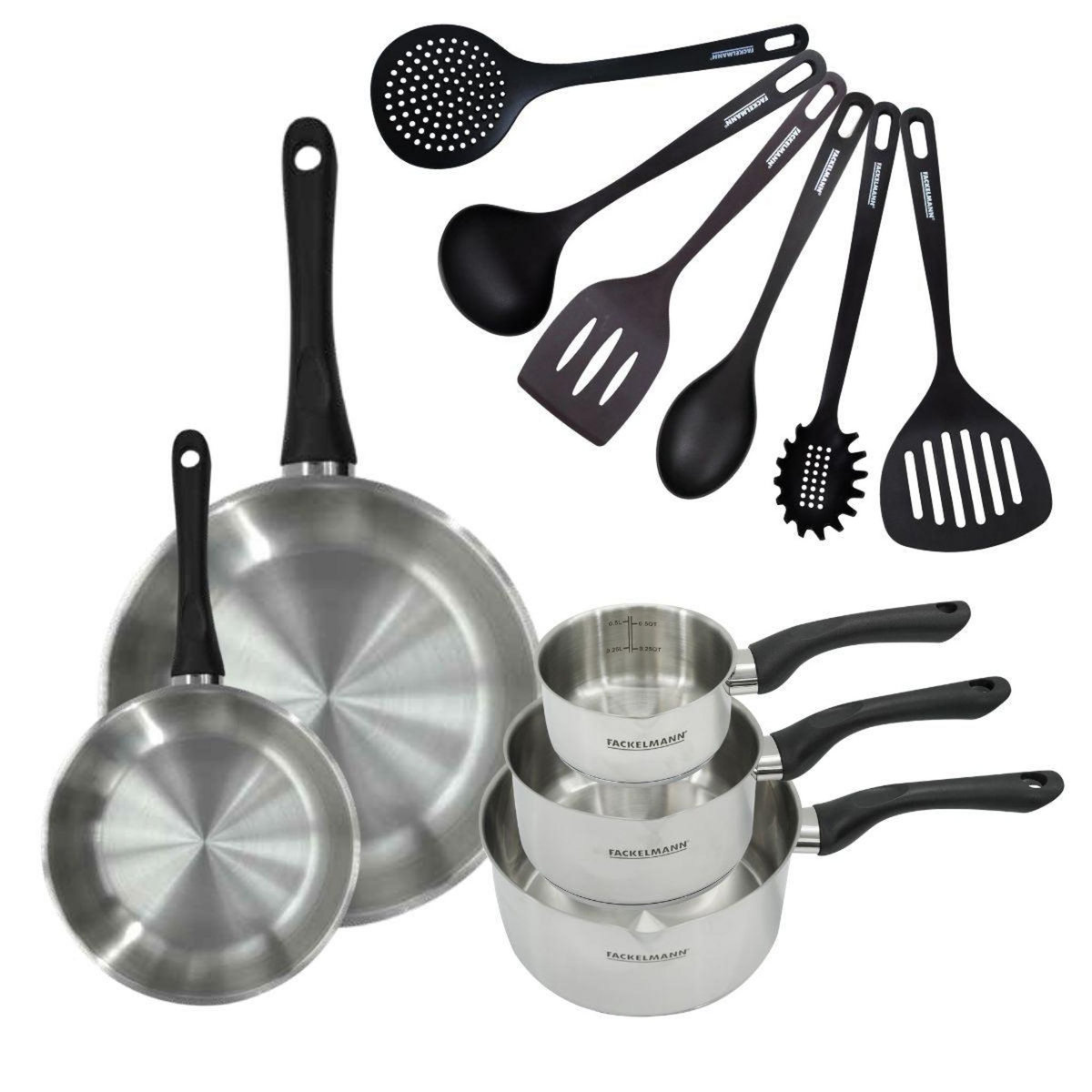 Fackelmann Set 2 poêles 20 et 28 cm 3 casseroles 12 16 et 20 cm en inox et 6 ustensiles Fackelmann Geneva