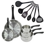 Fackelmann Set 2 poêles 20 et 28 cm 3 casseroles 12 16 et 20 cm en inox et 6 ustensiles Fackelmann Geneva