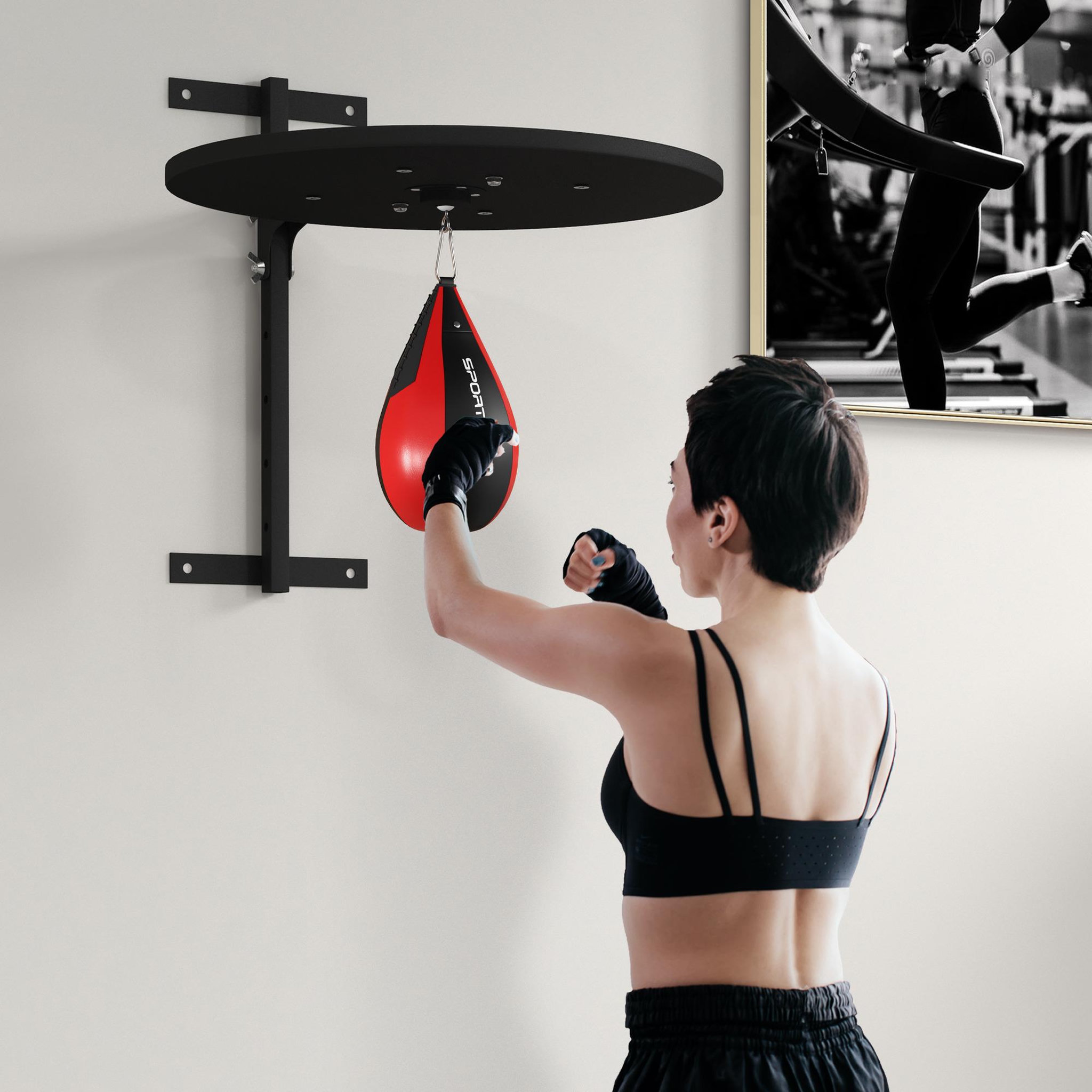 Voir la diapositive 2 : HOMCOM Punching ball poire de vitesse boxe avec support plateau tournant + pompe mdf acier revêtement synthétique rouge noir