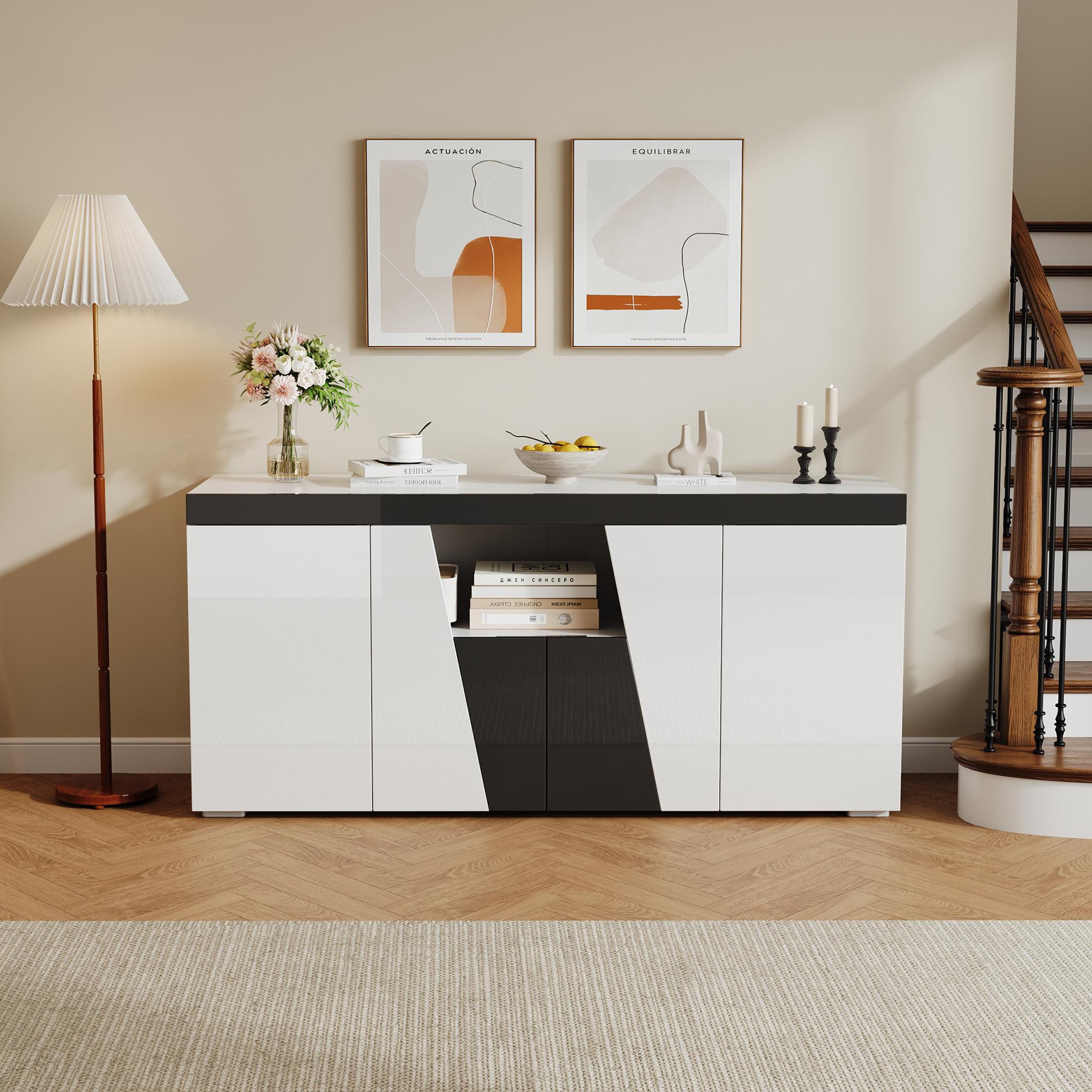 Voir la diapositive 2 : MERAX Buffet 4 porte(s) 0 tiroir(s) - 140 cm blanc+noir led panneau de particules
