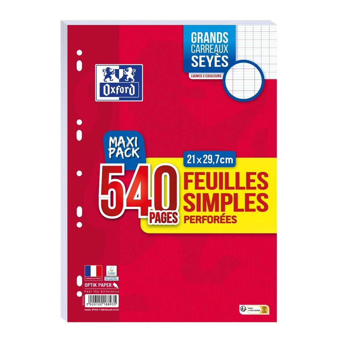 OXFORD Feuilles simples 540 pages 21x29,7cm grands carreaux Seyes perforées