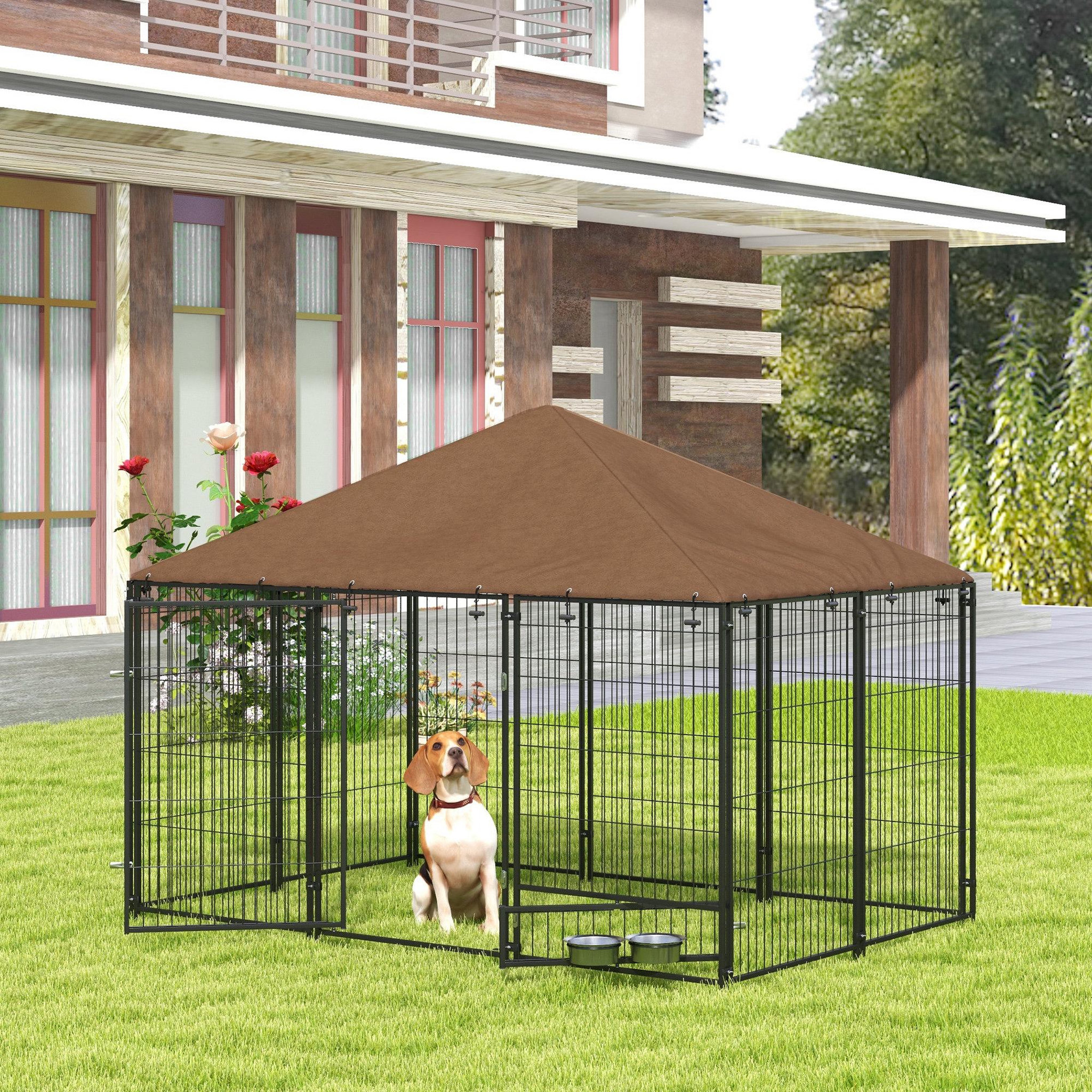 Voir la diapositive 2 : PAWHUT Chenil extérieur couvert pour chien 2 supports gamelles rotatifs porte verouillable acier noir