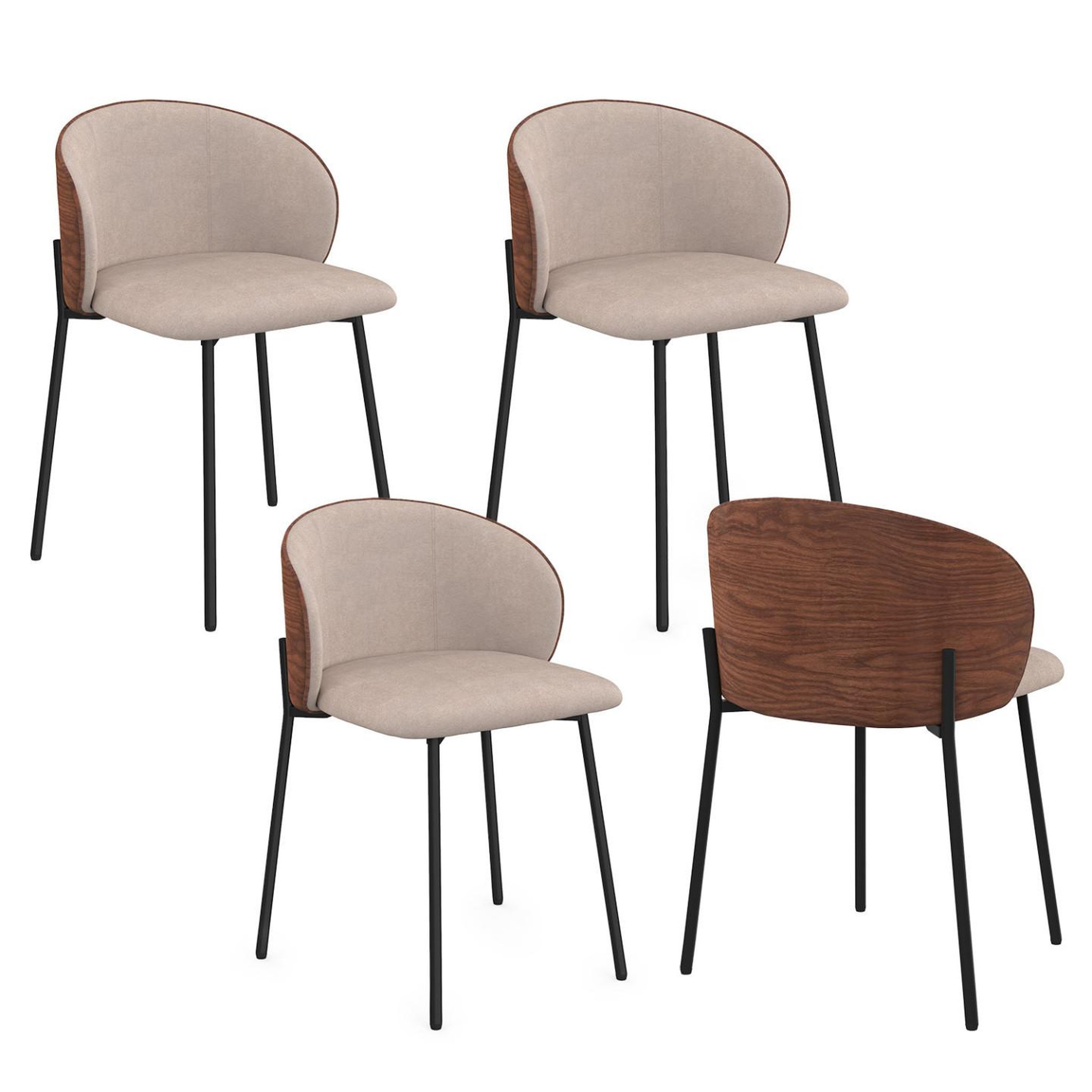 ID MARKET Lot de 4 chaises PENNY en tissu taupe et dossier effet noyer pour salle à manger