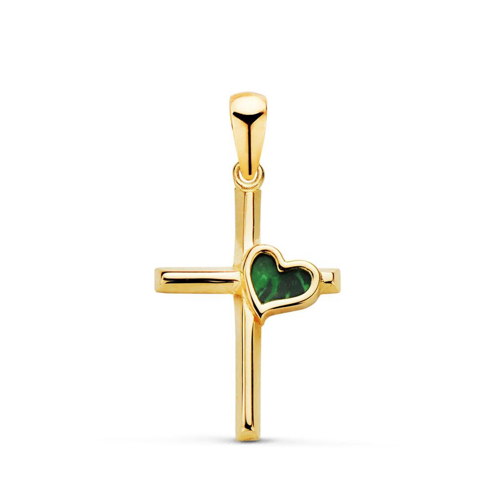 L'ATELIER D'AZUR Pendentif  - Médaille Croix Or 18 Carats 750 Jaune - Coeur Malachite - Chaine Offerte