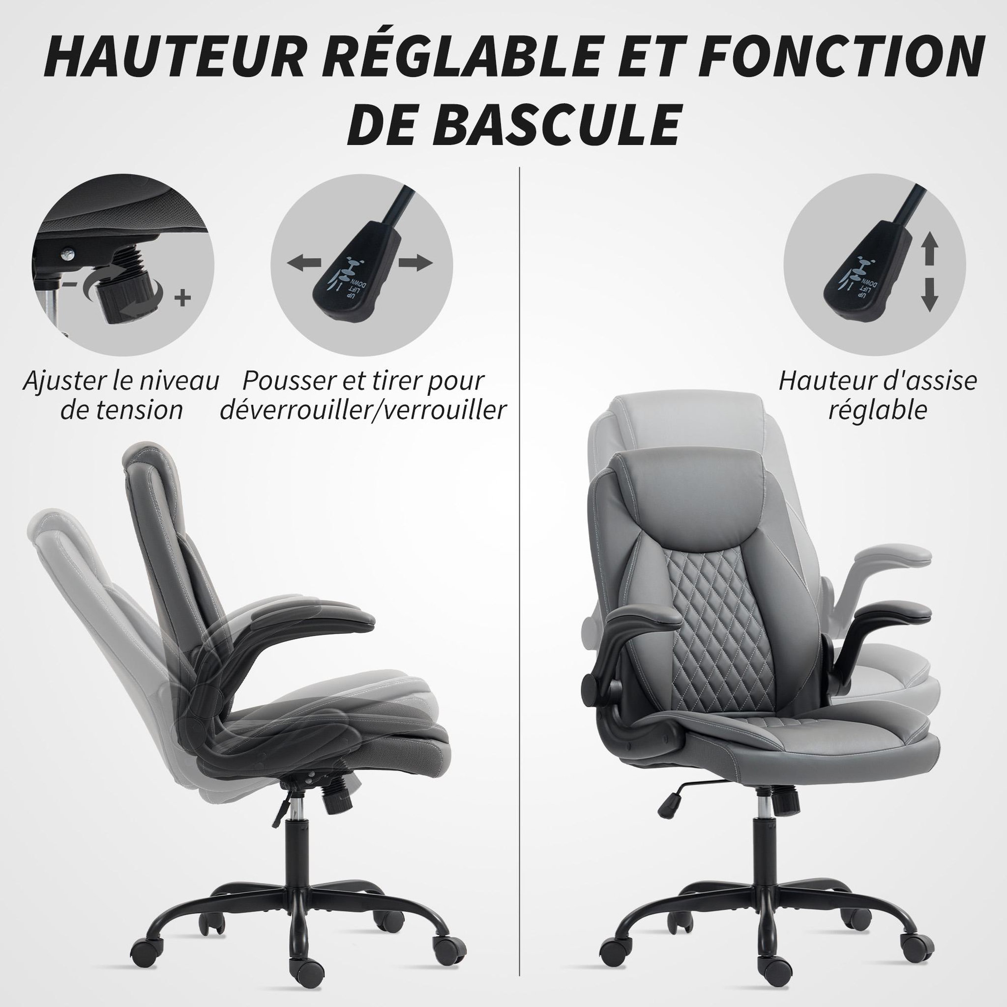 Voir la diapositive 5 : HOMCOM Chaise de bureau design Chesterfield accoudoirs relevables grand confort synthétique gris foncé