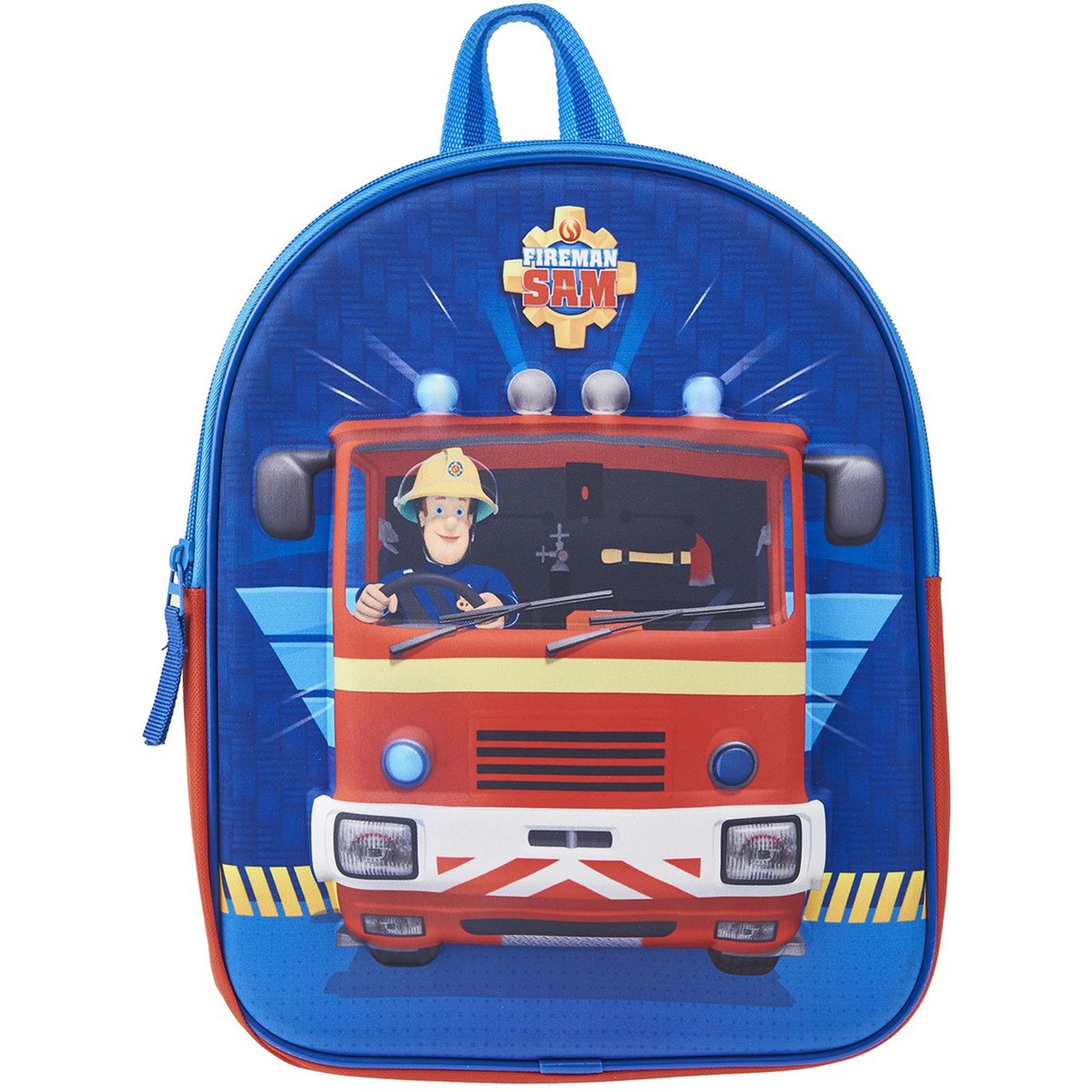 Voir la diapositive 1 : Sac maternelle 3D bleu et rouge SAM LE POMPIER ON DUTY