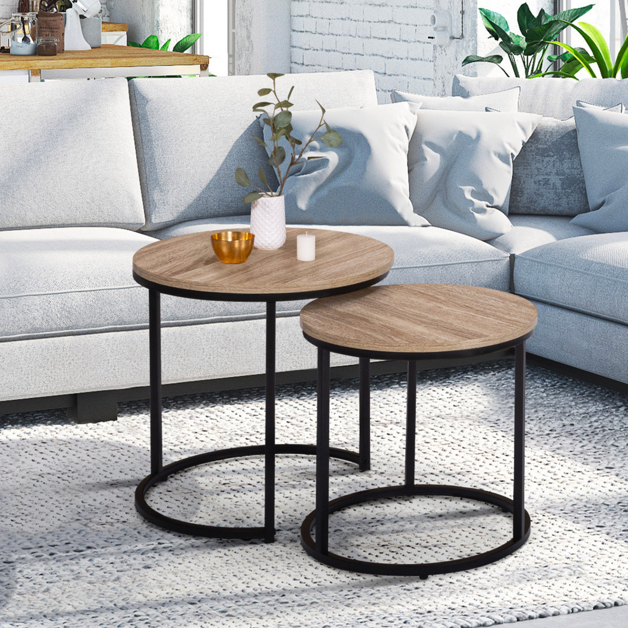 Voir la diapositive 2 : ID MARKET Lot de 2 tables basses gigognes detroit rondes 40/45 design industriel