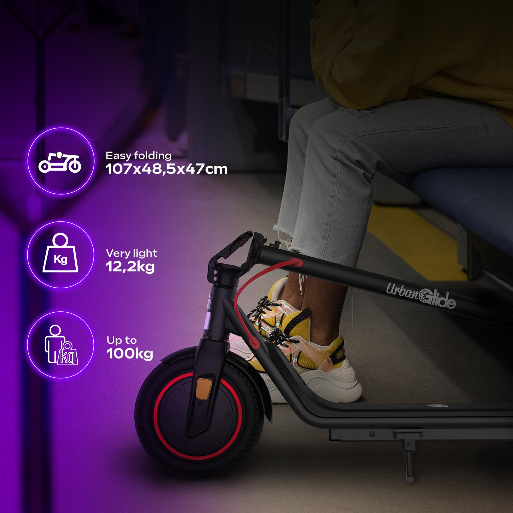 Voir la diapositive 3 : URBANGLIDE 85L1 â€  Poids 15Kg â€  Autonomie Jusqu'a 20 km â€  Batterie 48V â€  Trottinette Ã‰lectrique Adulte UrbanGlide â€  Pneu 8,5