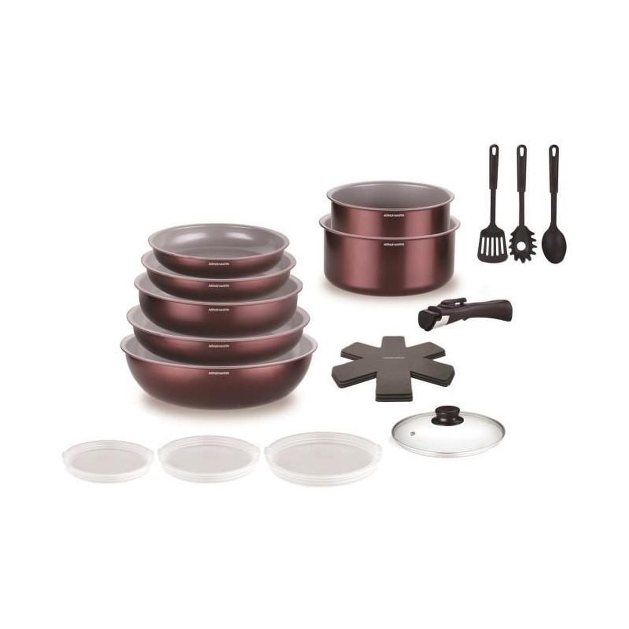 Voir la diapositive 2 : Arthur Martin Batterie de cuisine - Tous feux dont induction - ARTHUR MARTIN - AM2503 - Aluminium - 18 pieces - Poignée amovible