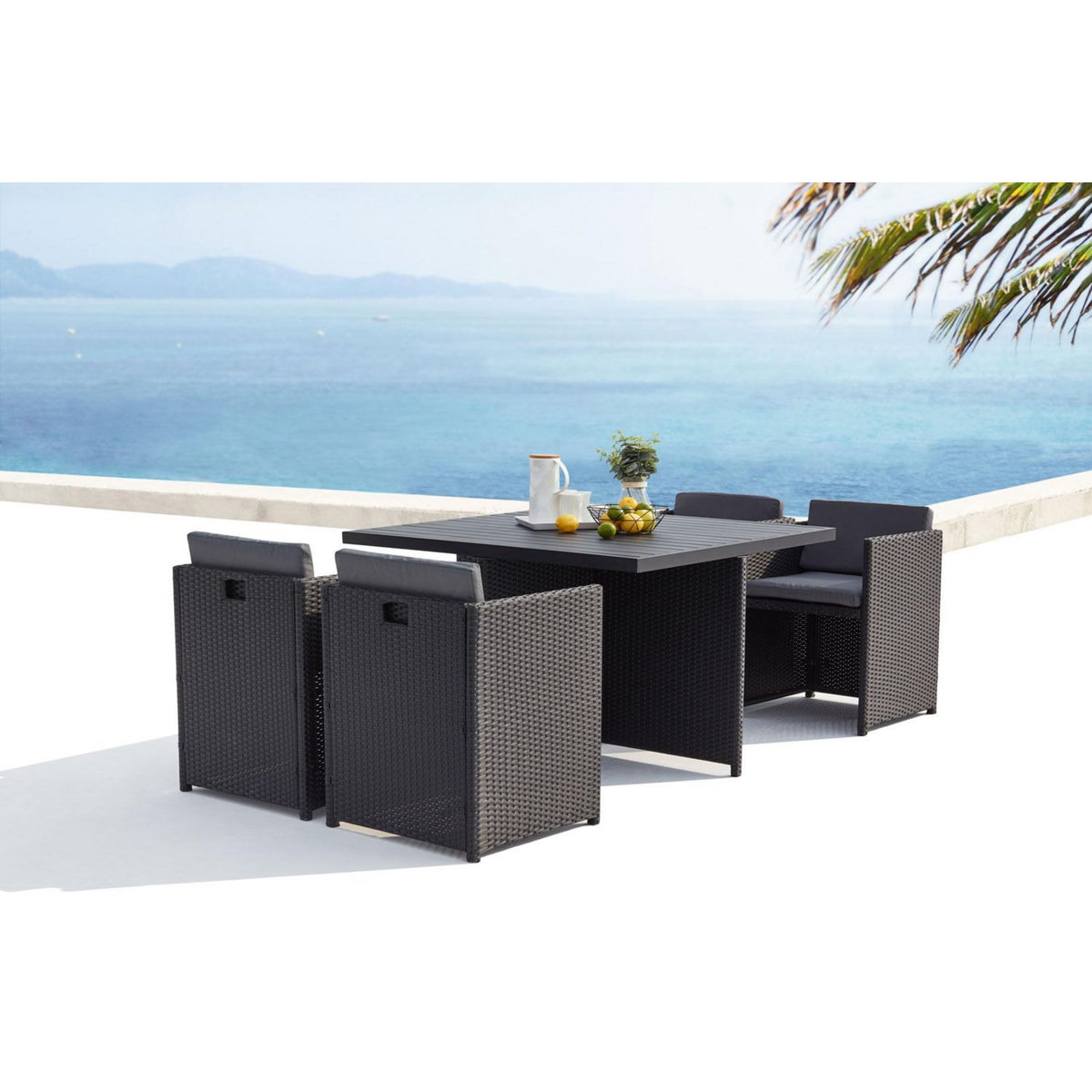 CONCEPT USINE Table et chaises 4 places encastrables alu et résin noir-gris SUNSET