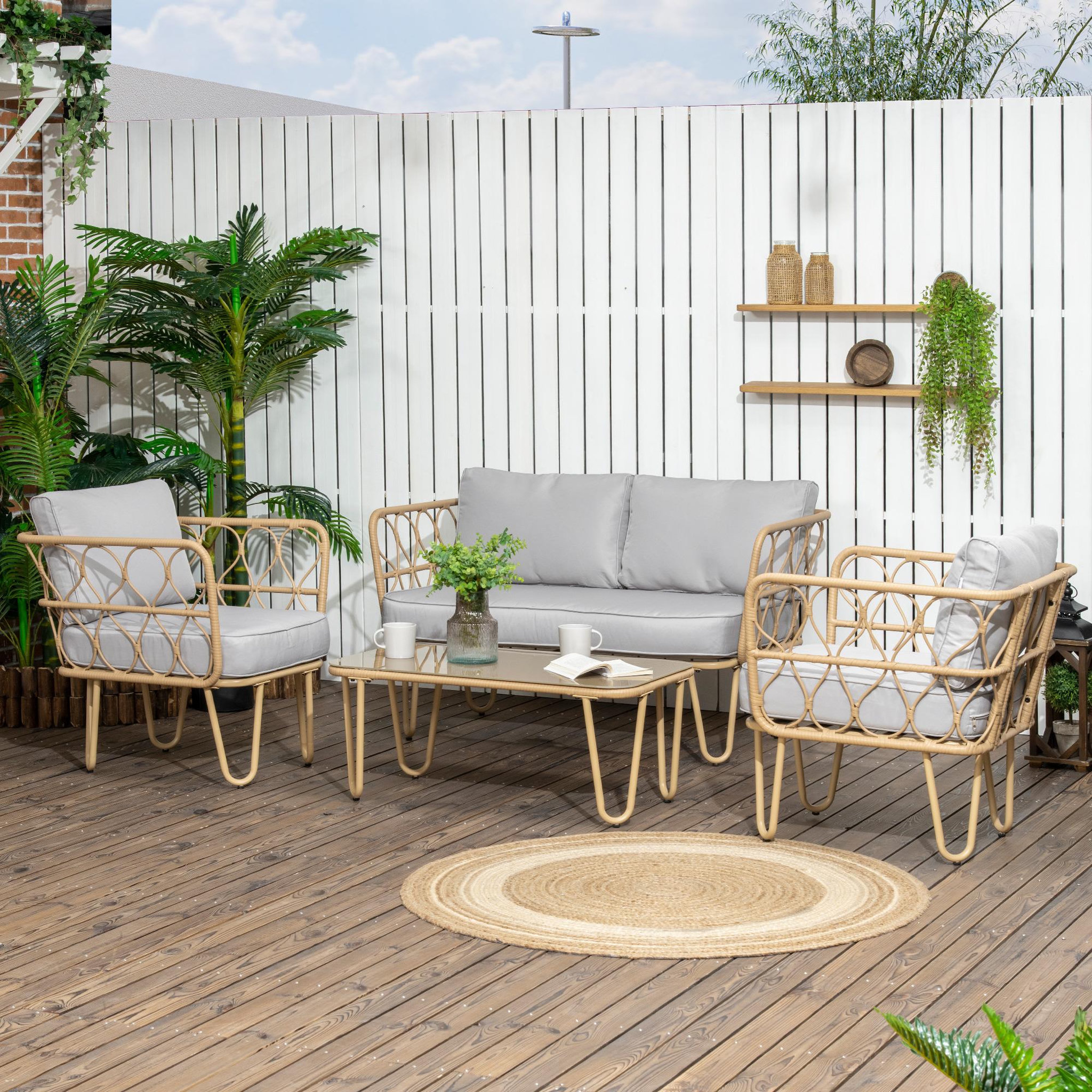 Voir la diapositive 2 : OUTSUNNY Salon de jardin 4 places 4 pièces style colonial résine tressée aspect rotin coussins gris