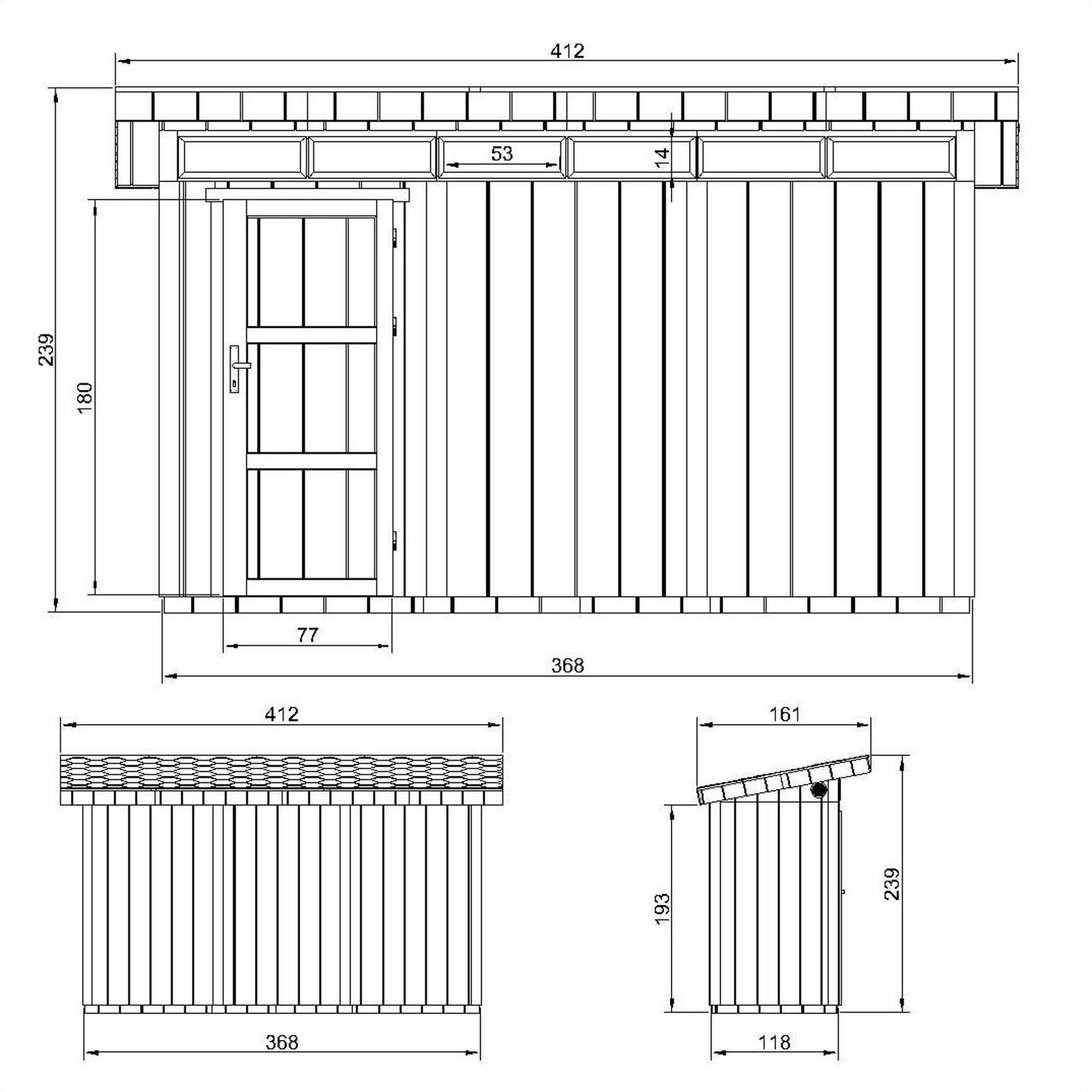Voir la diapositive 3 : TIMBELA Abri de Jardin Qualité Premium 4m² /L161xL412xH239 cm avec sol, bardeaux bitumineux M902