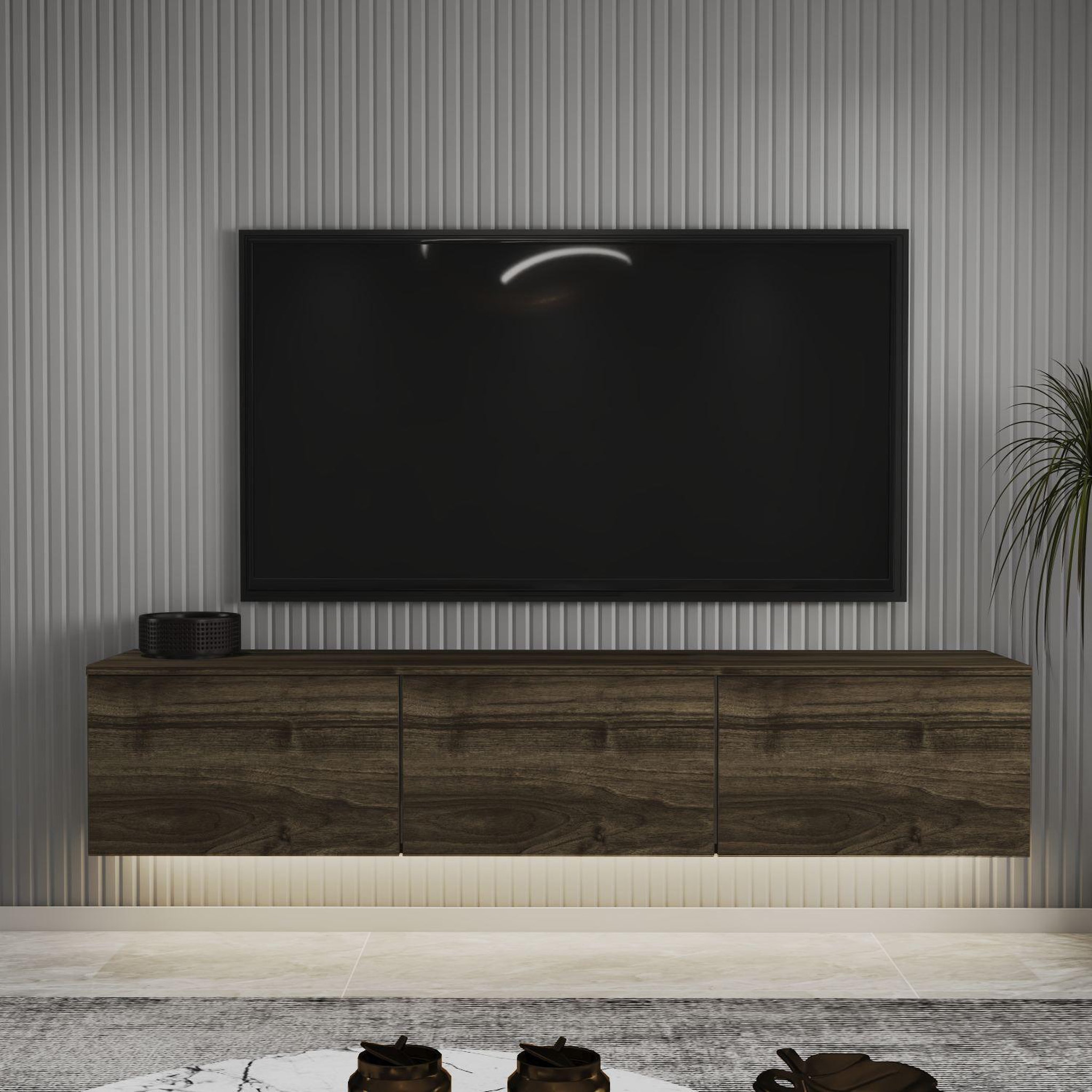 Voir la diapositive 2 : Habitat et Jardin Meuble tv suspendu en bois avec éclairage led  neon  - 160 x 32 x 35 cm - marron foncé