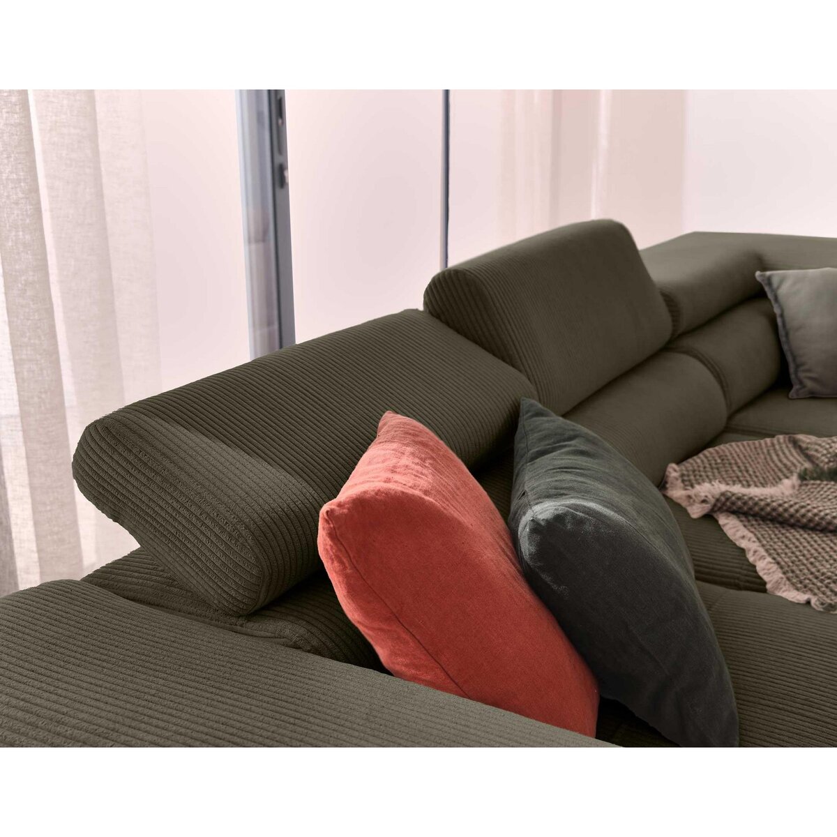 BEST MOBILIER Zaria - canapé d'angle droit - convertible avec coffre et têtières réglables - 5 places - en velours côtelé