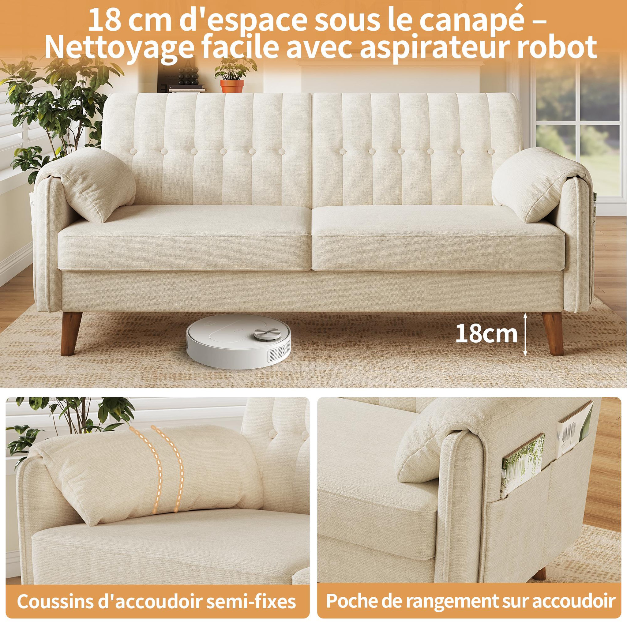 Voir la diapositive 5 : MERAX Canapé 2 places tissu chenille avec poches latérales et pieds en bois