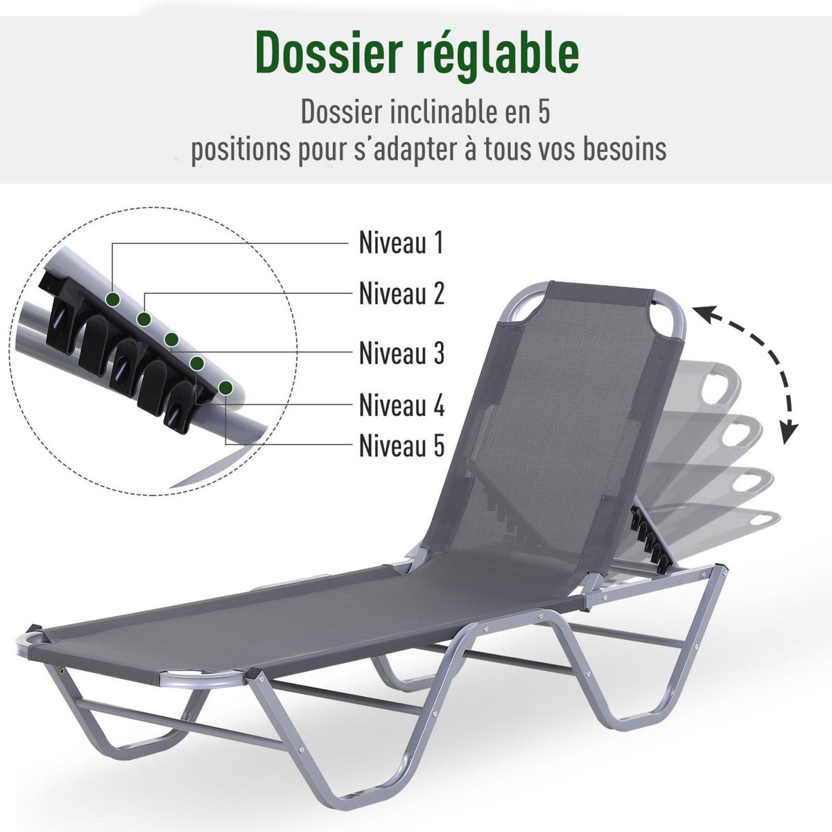 OUTSUNNY Bain de soleil transat design contemporain dossier inclinable multi-positions alu textilène gris