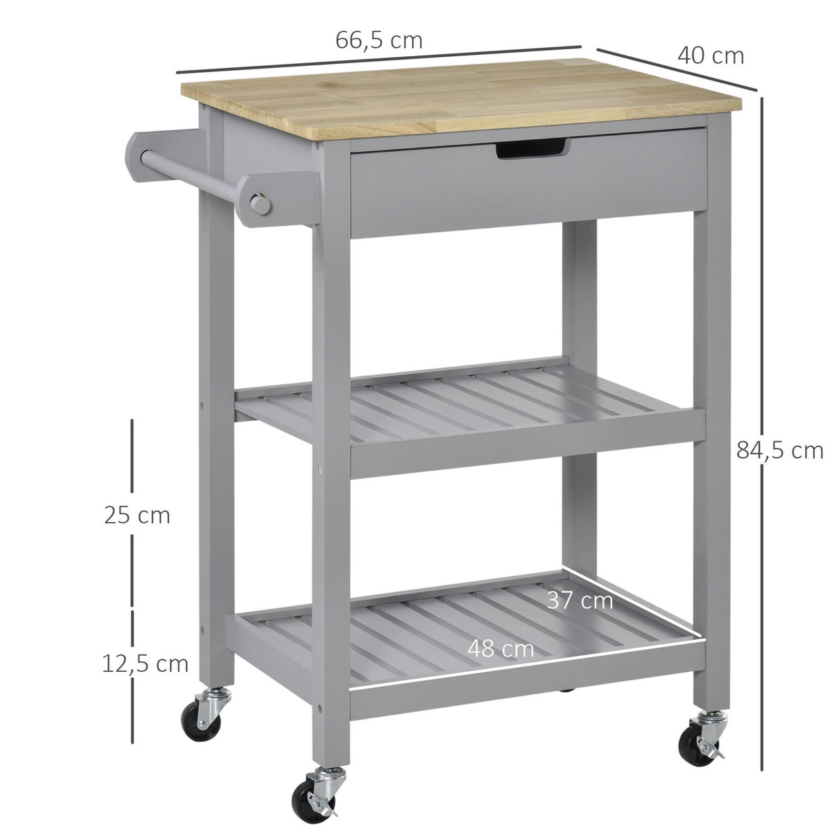 HOMCOM Desserte de cuisine à roulettes - chariot de service - tiroir, 2 étagères - plateau bois hévéa MDF gris