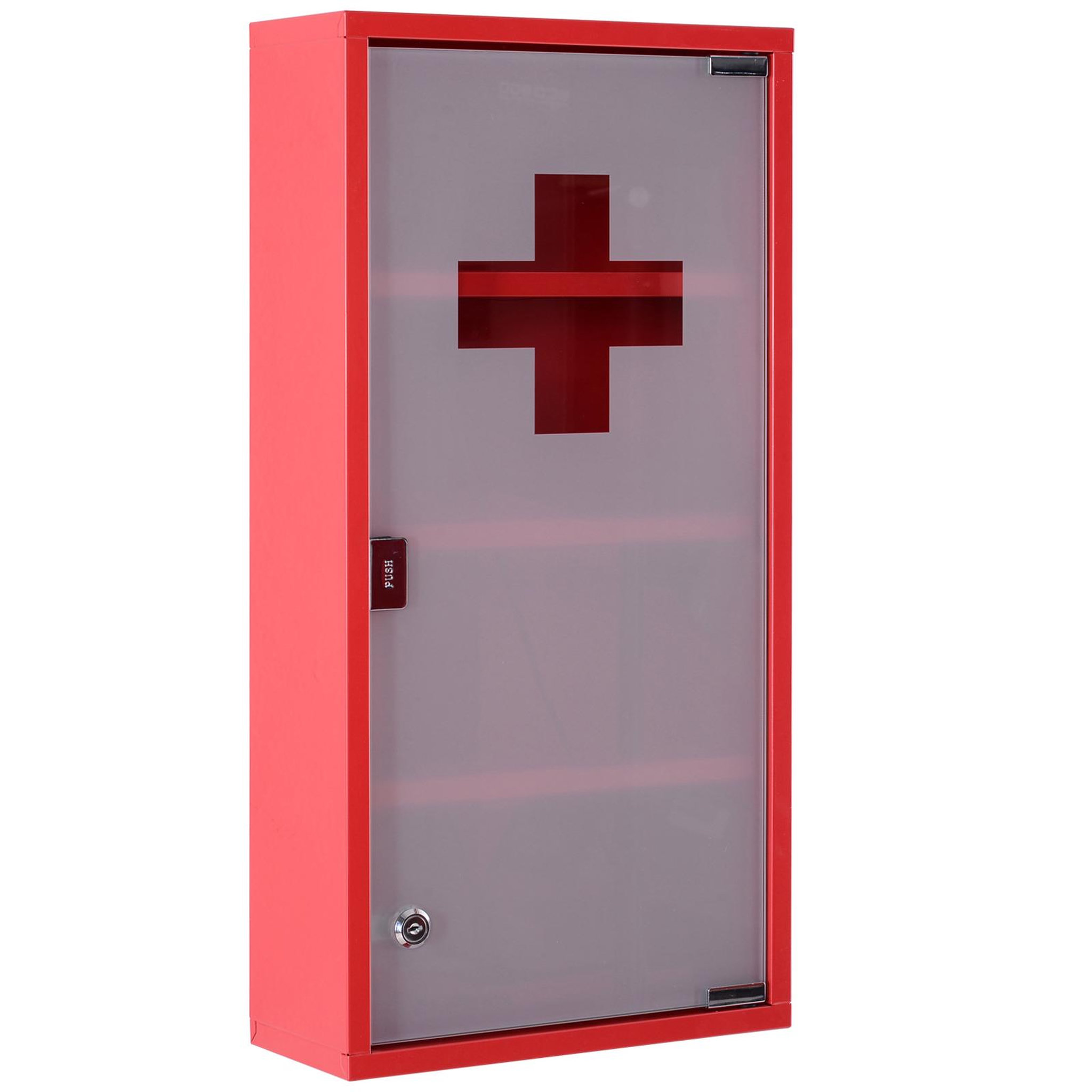 HOMCOM Armoire à pharmacie 3 étagères 4 niveaux verrouillable porte verre trempé dépoli logo croix 30l x 12l x 60h cm acier inox rouge
