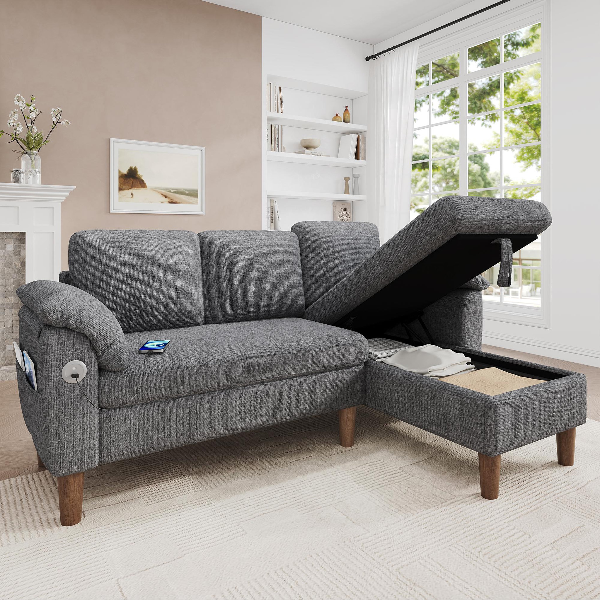 Voir la diapositive 2 : MERAX Canapé d'angle 3 places avec méridienne coffre tissu chenille usb type-c