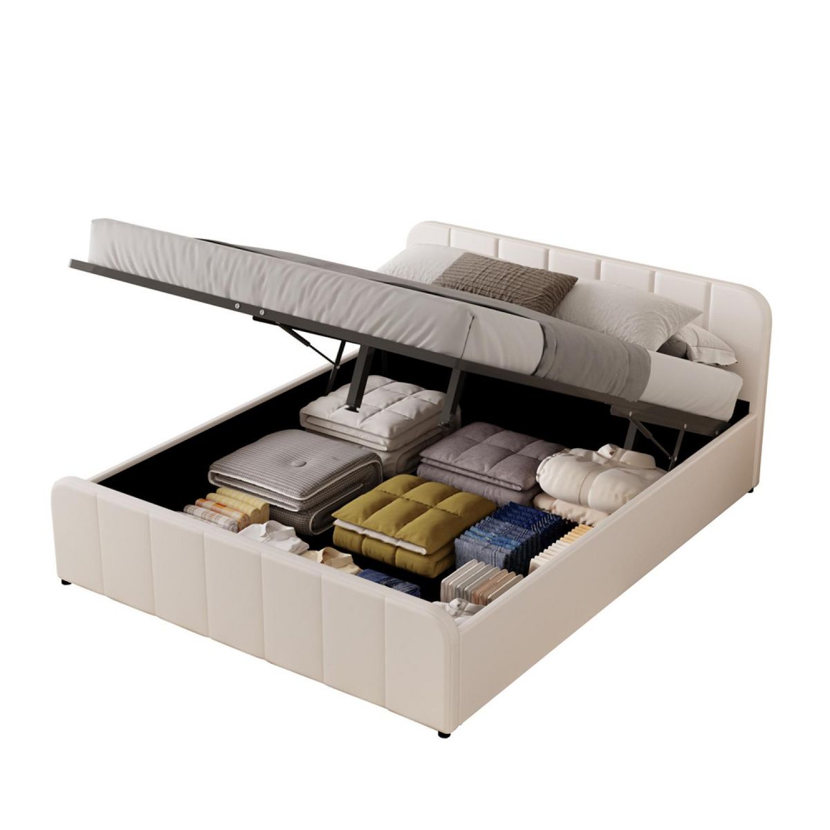 CONCEPT USINE Lit avec coffre de rangement 140x190cm en velours beige TAMPA