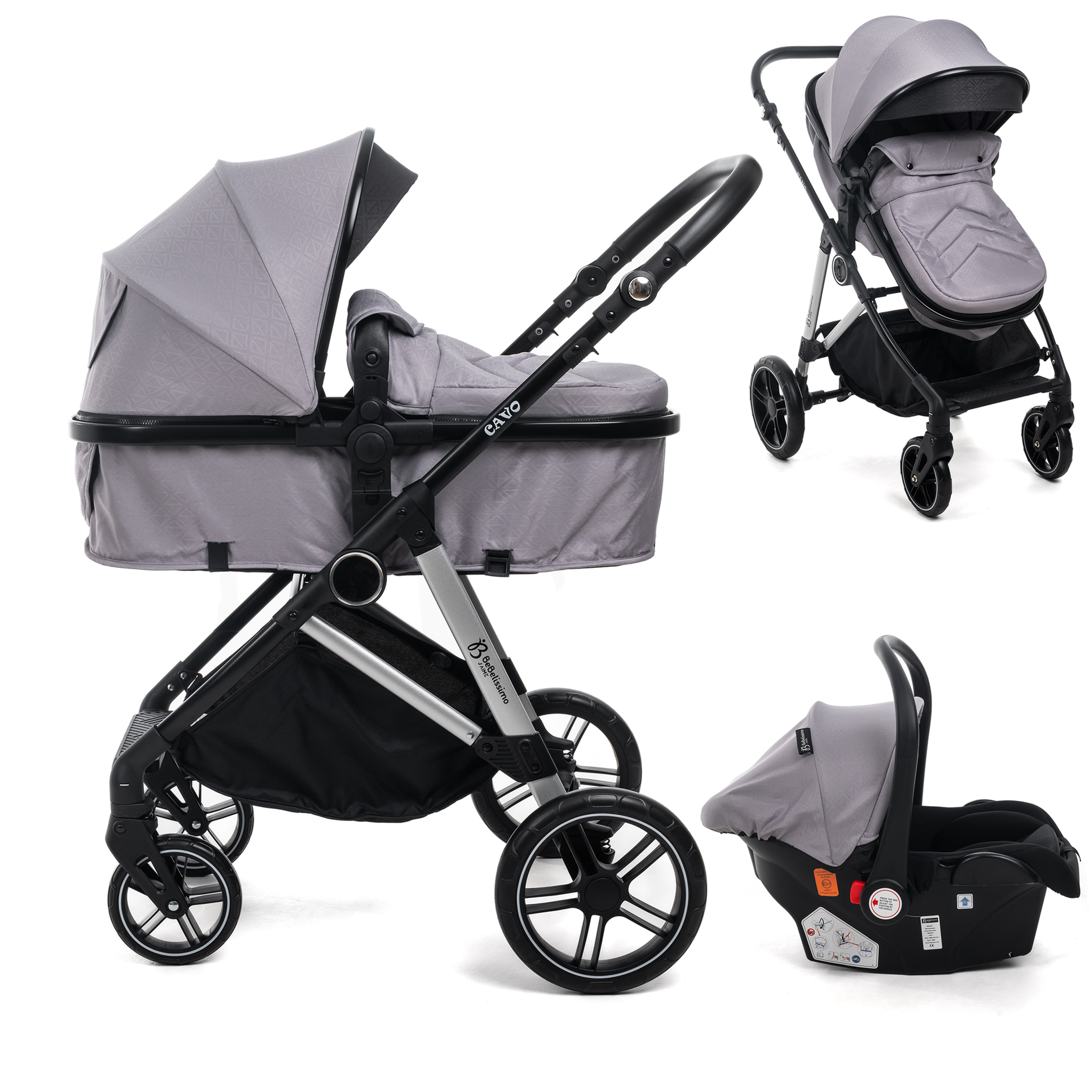 BEBELISSIMO Poussette combinée trio 3 en 1 - siège auto 0+ CAVO – nacelle – dès la naissance – jusqu'à 22kg - gris