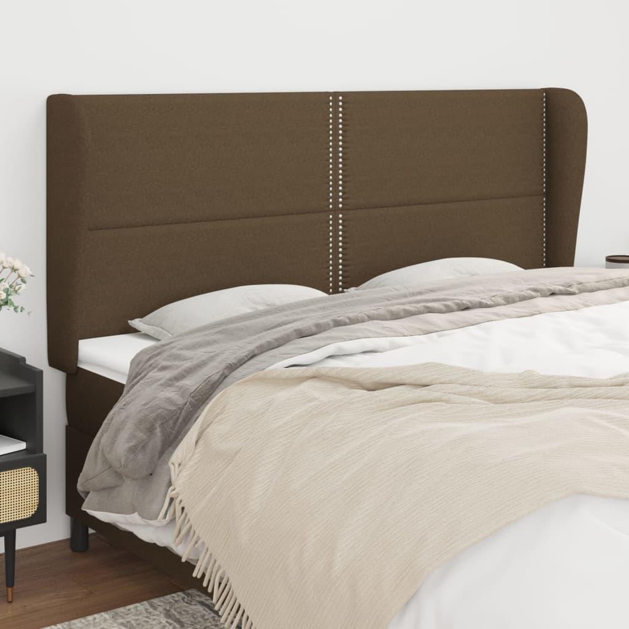 Voir la diapositive 1 : VIDAXL Tete de lit avec oreilles Marron fonce 183x23x118/128 cm Tissu