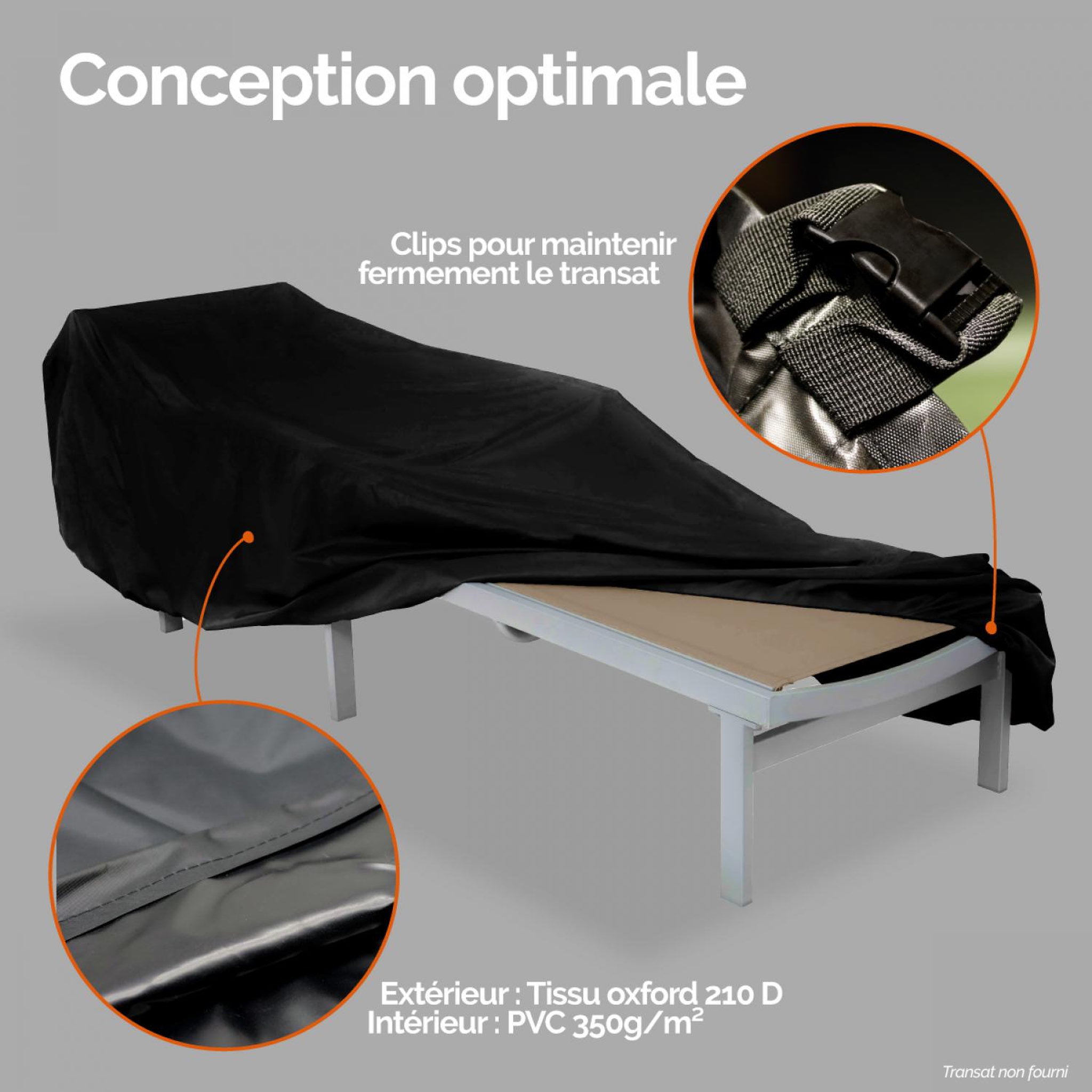 Voir la diapositive 3 : LINXOR Bâche, housse de protection imperméable pour transat - 210 x 75 cm - Noir