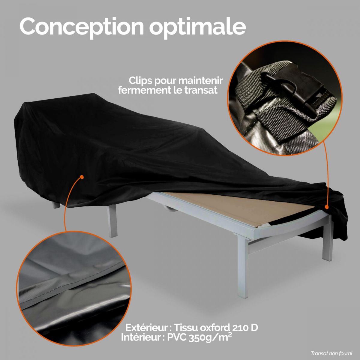 LINXOR Bâche, housse de protection imperméable pour transat - 210 x 75 cm - Noir