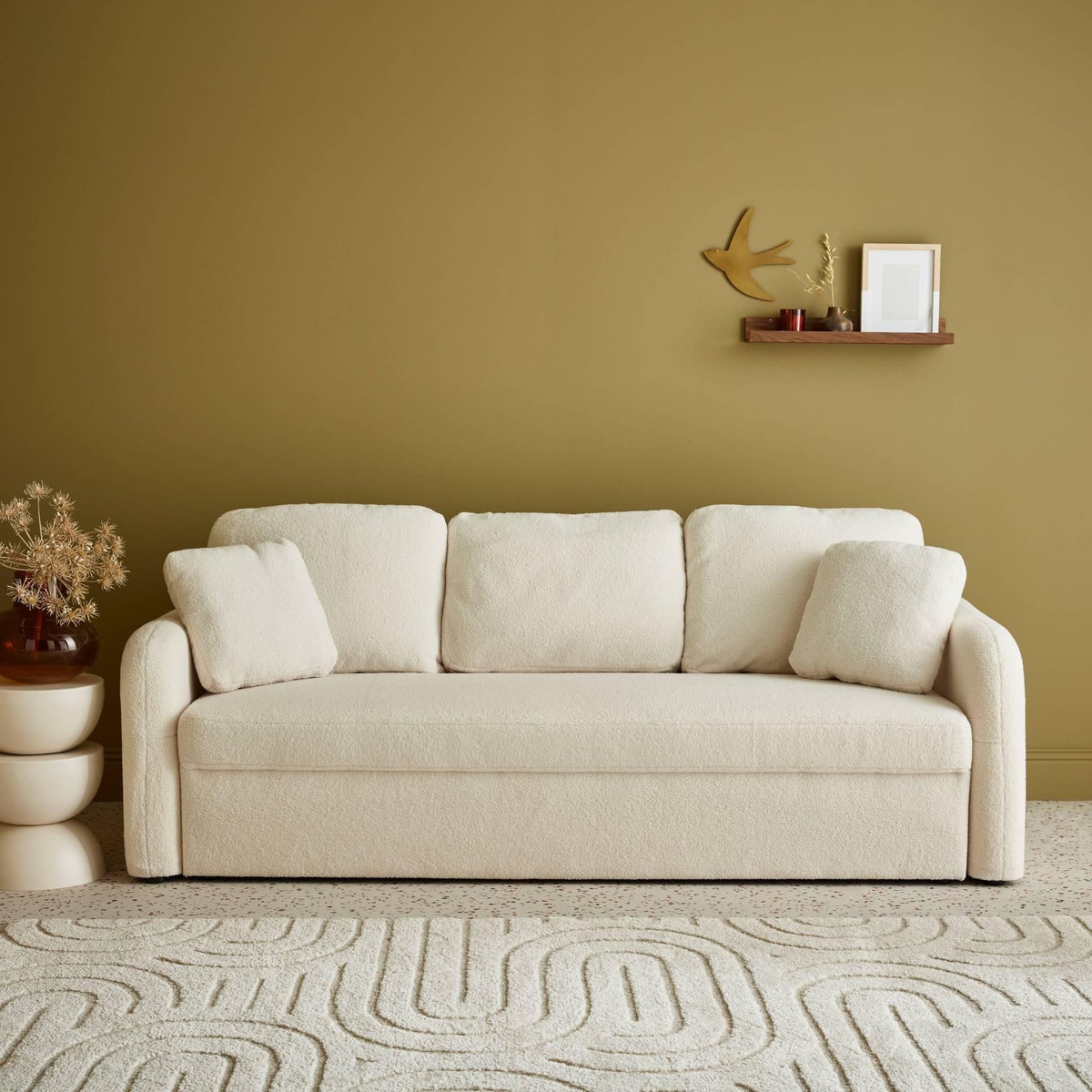 SWEEEK Canapé 3 places cosy rond. tissu bouclettes blanches. Milano. L 210 x P 85 x H 85cm