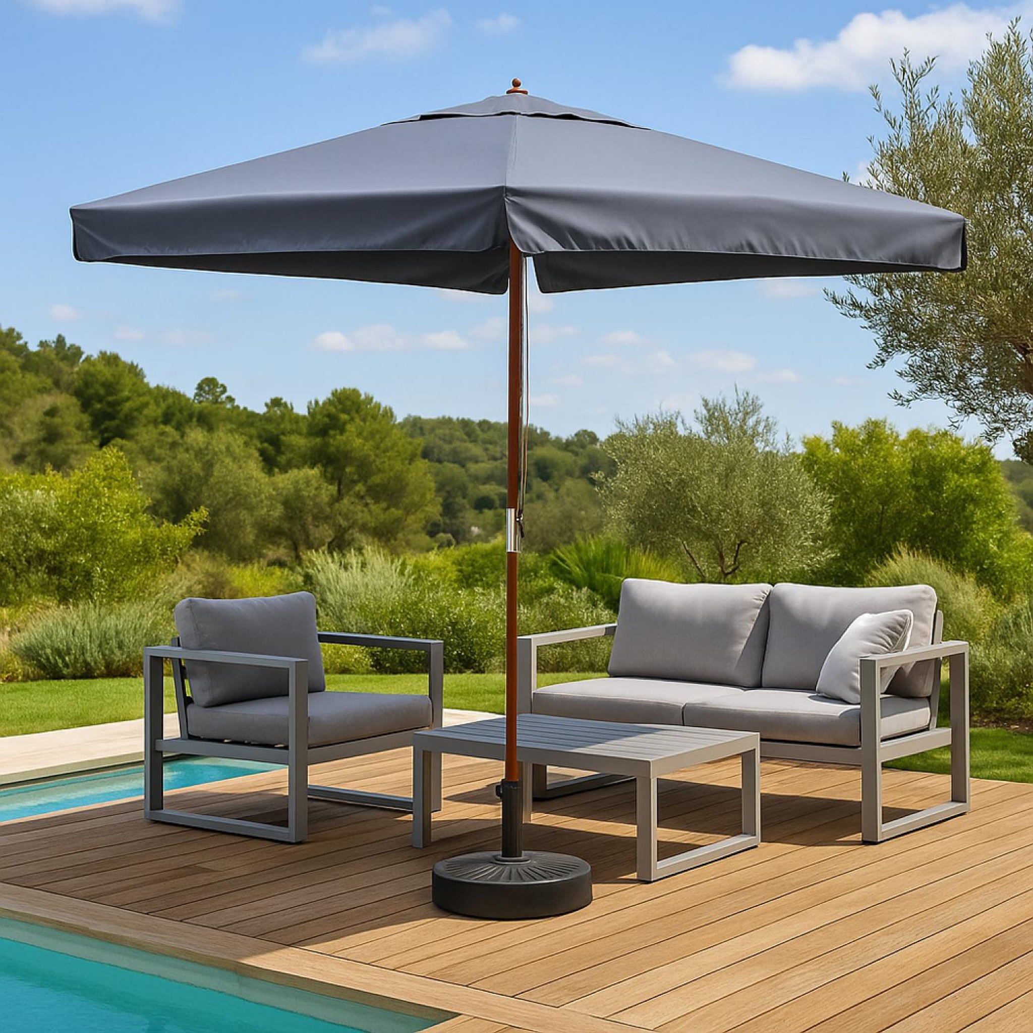 Voir la diapositive 5 : CONCEPT USINE Parasol gris droit rond 3 x 3 m palawan