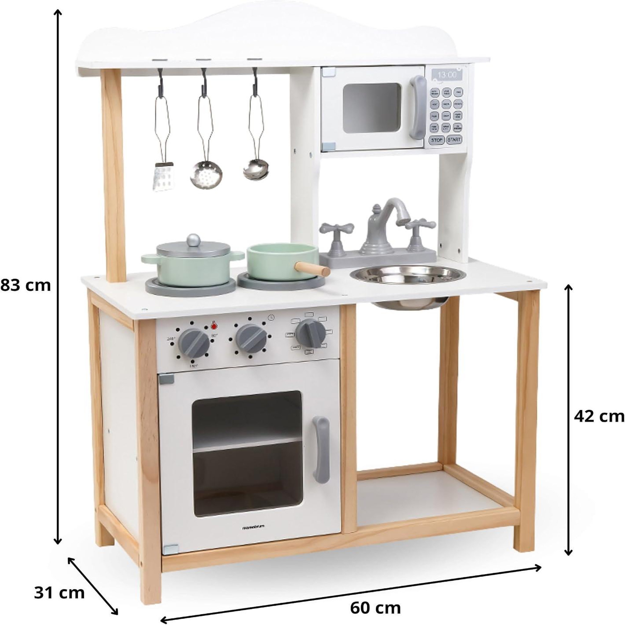 Voir la diapositive 5 : MAMABRUM Cuisine enfant bois, micro-ondes, four, évier et accessoires, sons mécanique, jouet montessori +3