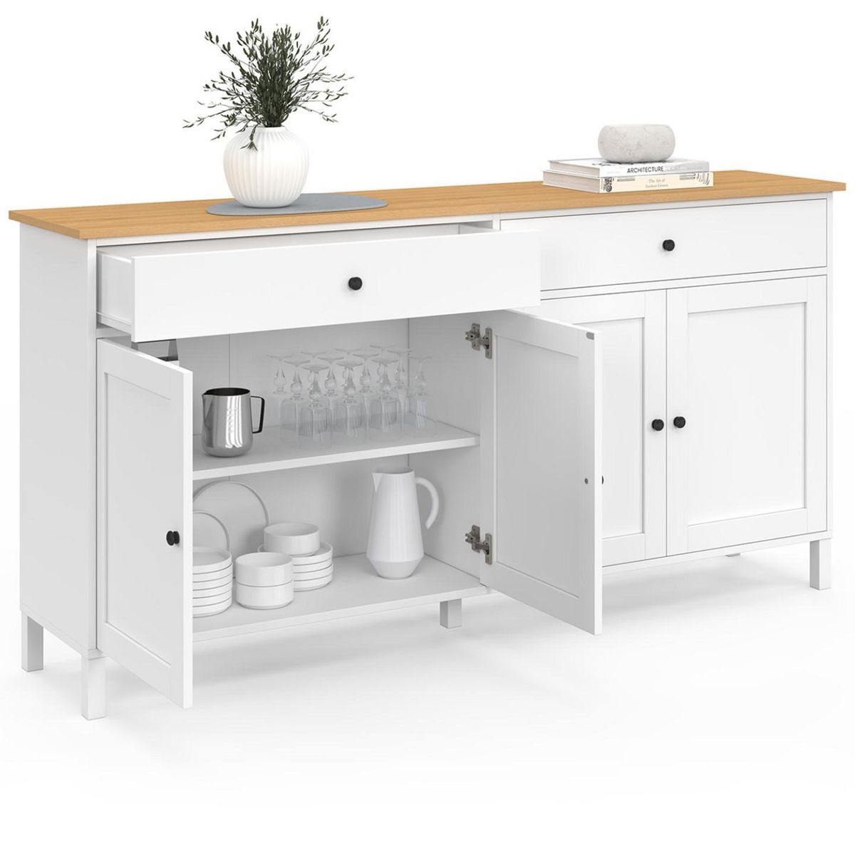 ID MARKET Buffet 160cm ACHILLE 4 portes et 2 tiroirs blanc et plateau bois