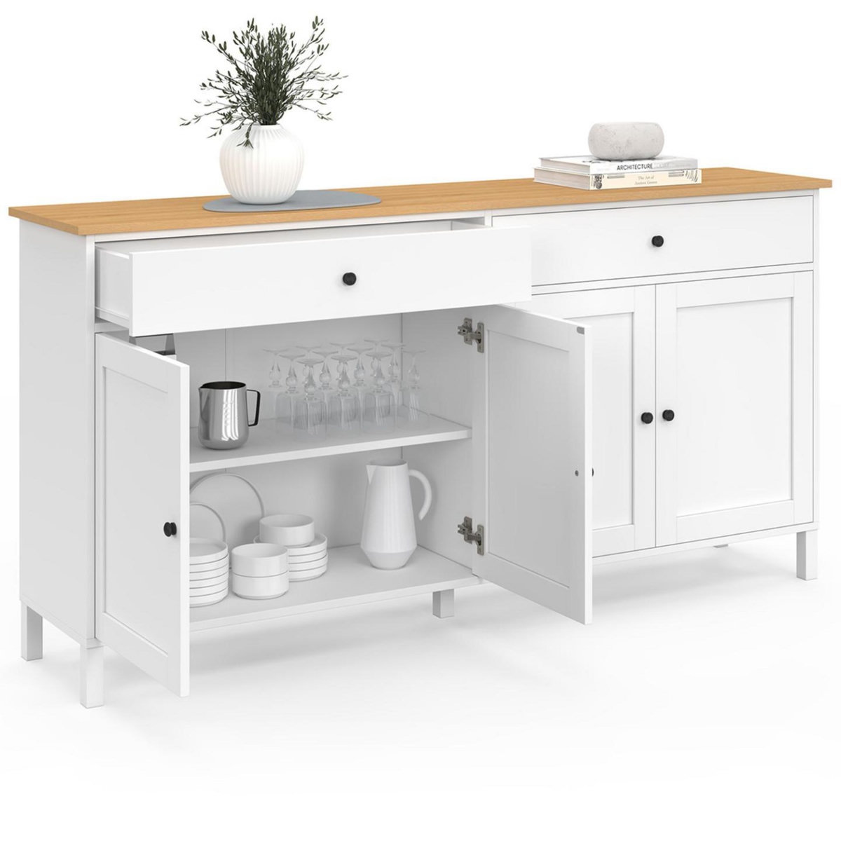 ID MARKET Buffet 160cm ACHILLE 4 portes et 2 tiroirs blanc et plateau bois